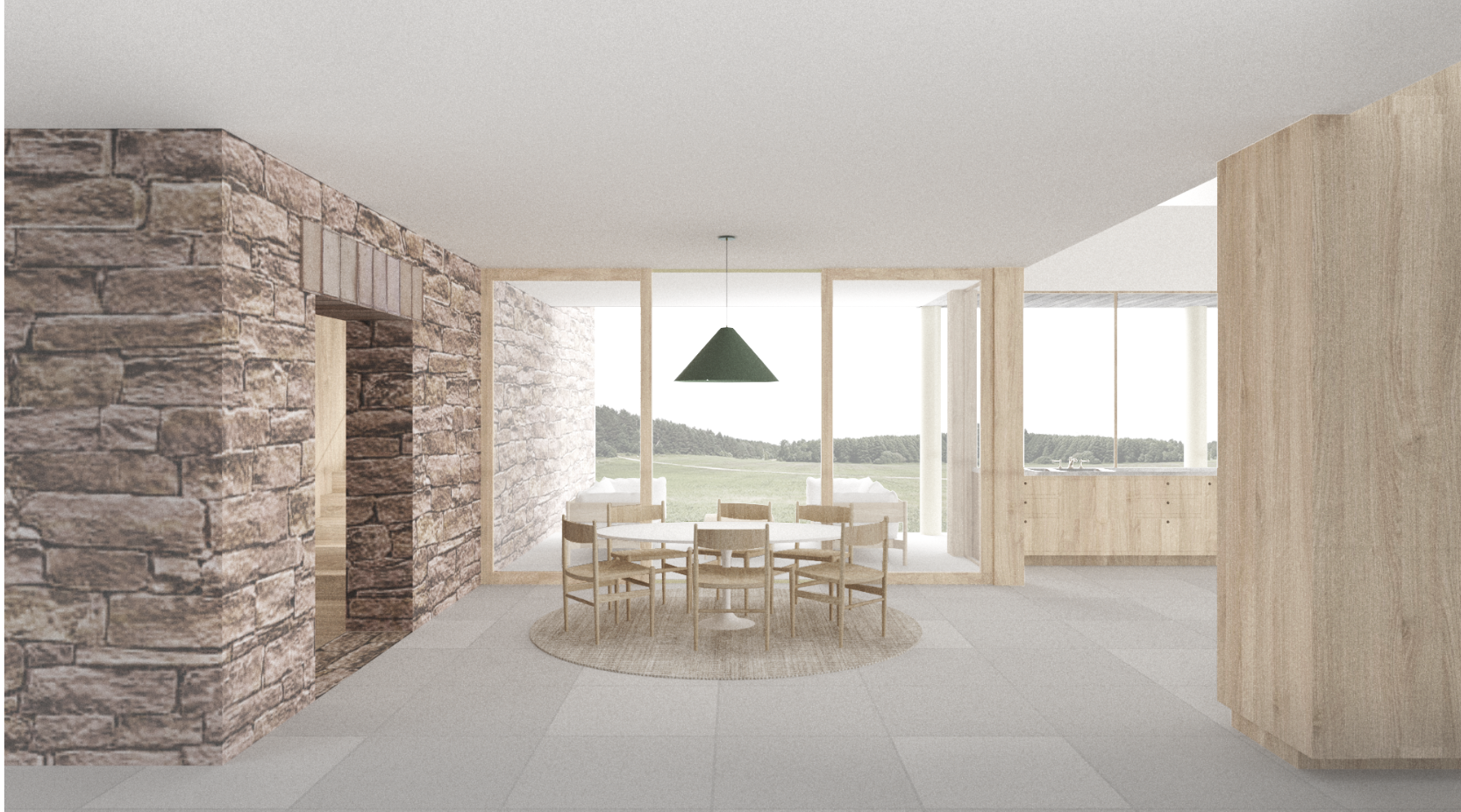 Interior view of a modern dining area with a view of the outdoors, featuring a round dining table with six wooden chairs, a green pendant light above, a stone accent wall, and large windows showing a landscape of fields and trees.