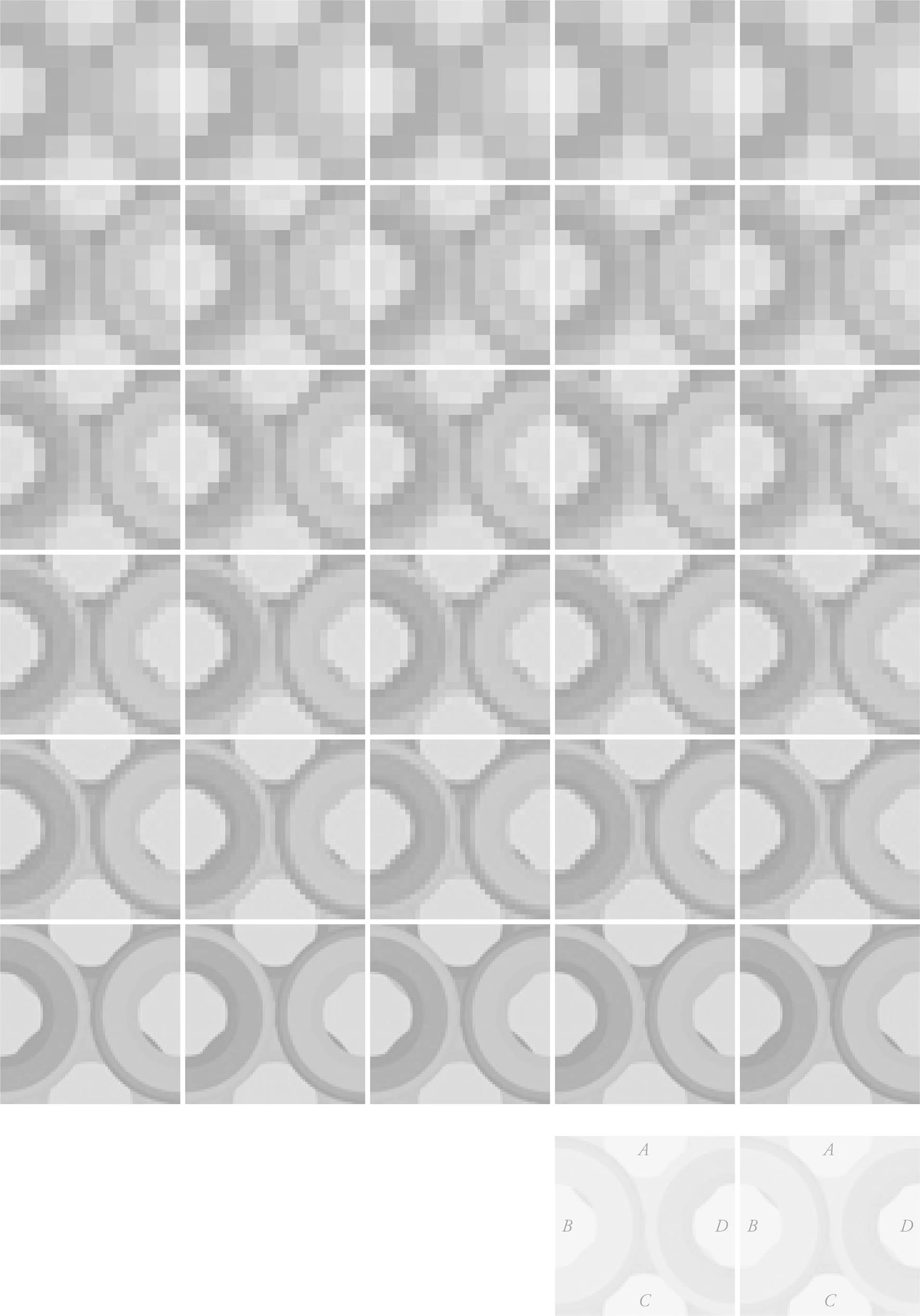 Analysis grid of an image, showing a pattern of interconnected circular shapes in varying shades of gray.