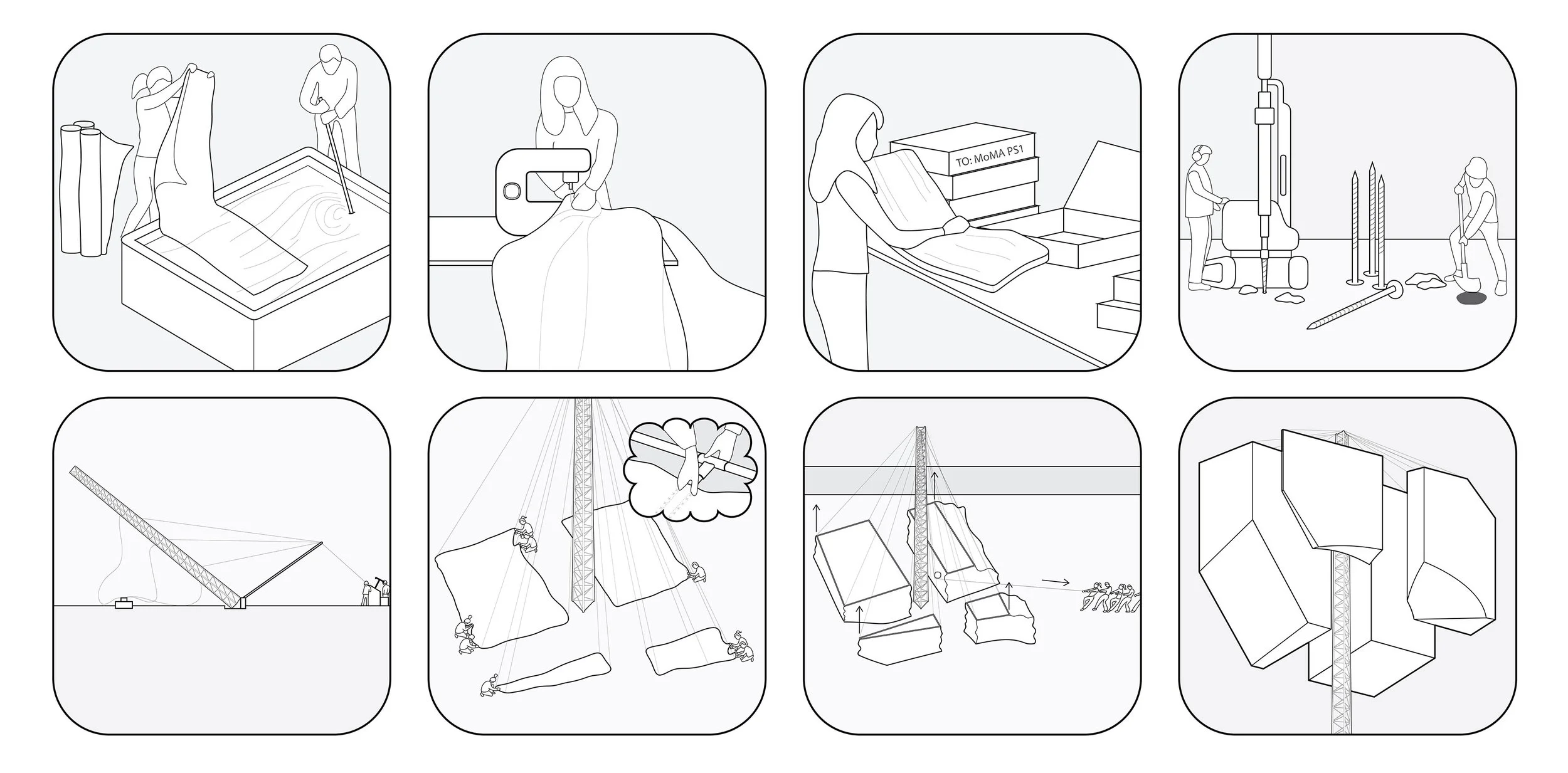 Illustrations of various scientific and nuclear research activities, including data collection, experimentation, radiation measurement, and research facility setup, depicted through minimalistic line drawings.