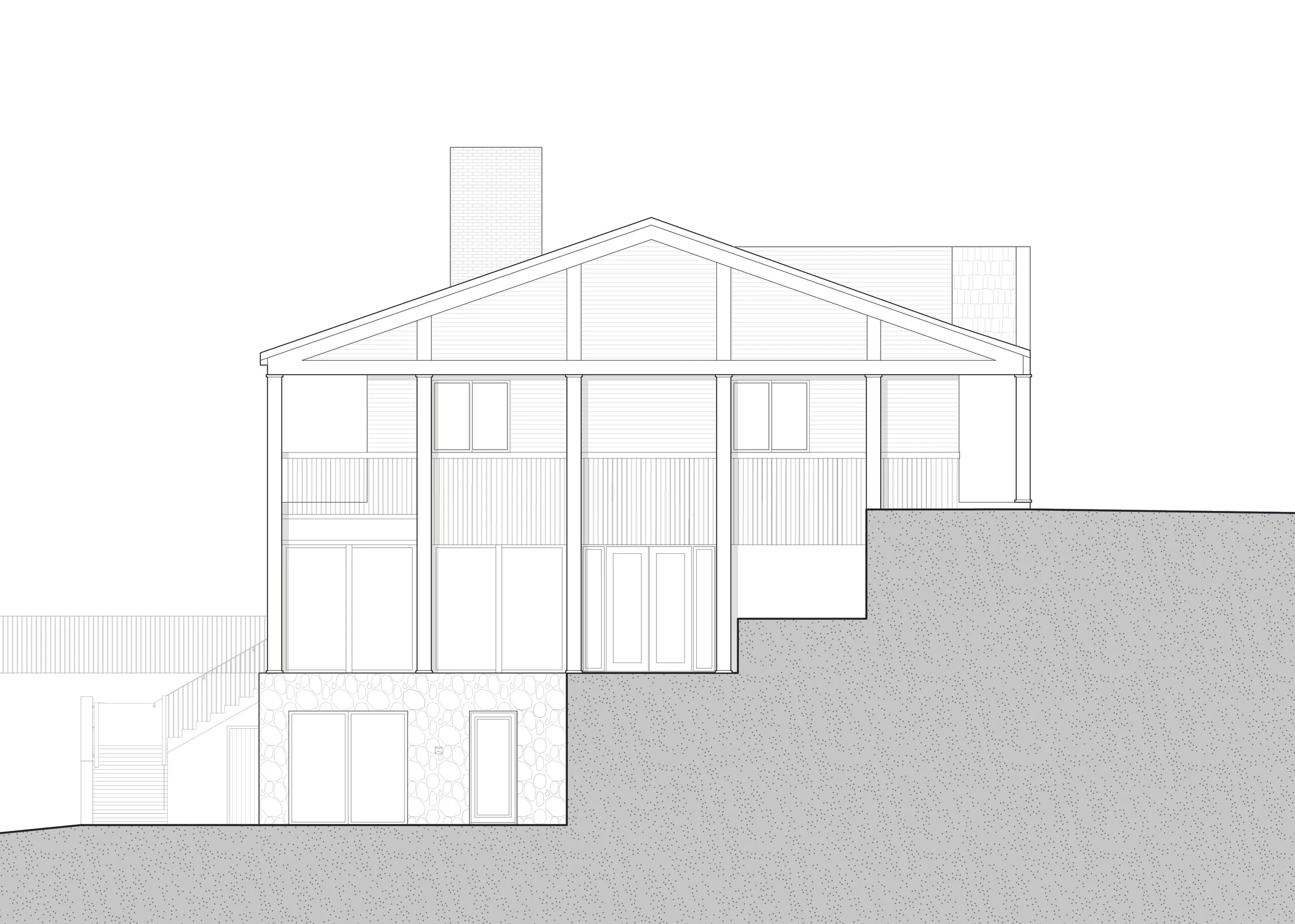 Architectural line drawing of a house on a hillside, featuring multiple levels, large windows, a balcony, and a stone foundation.