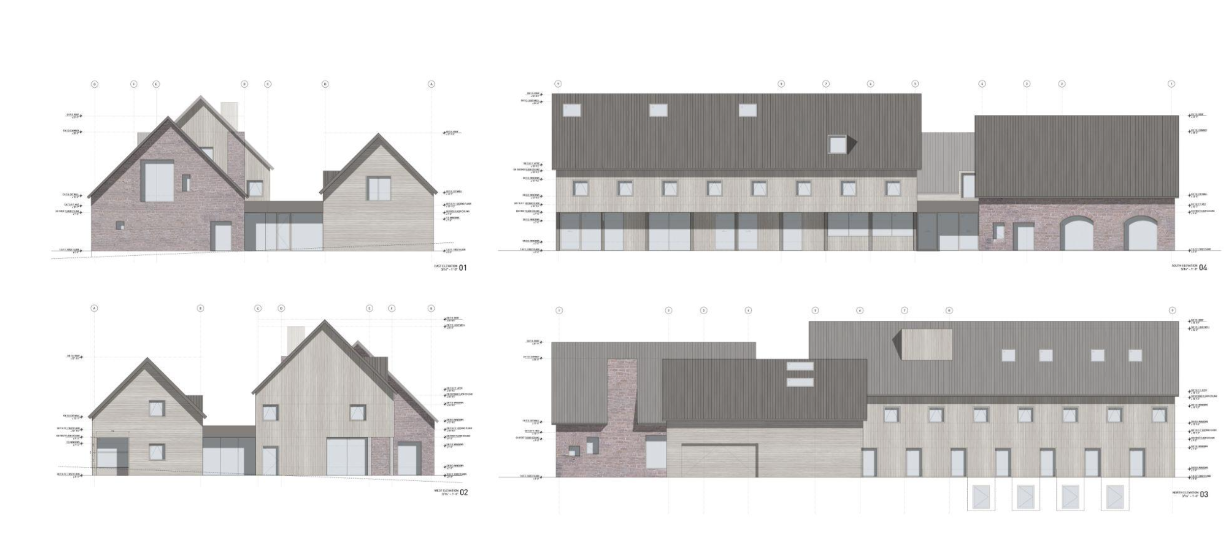 Architectural elevation drawings of a modern multi-building complex, including various rooflines, windows, and brick and wood exterior finishes.