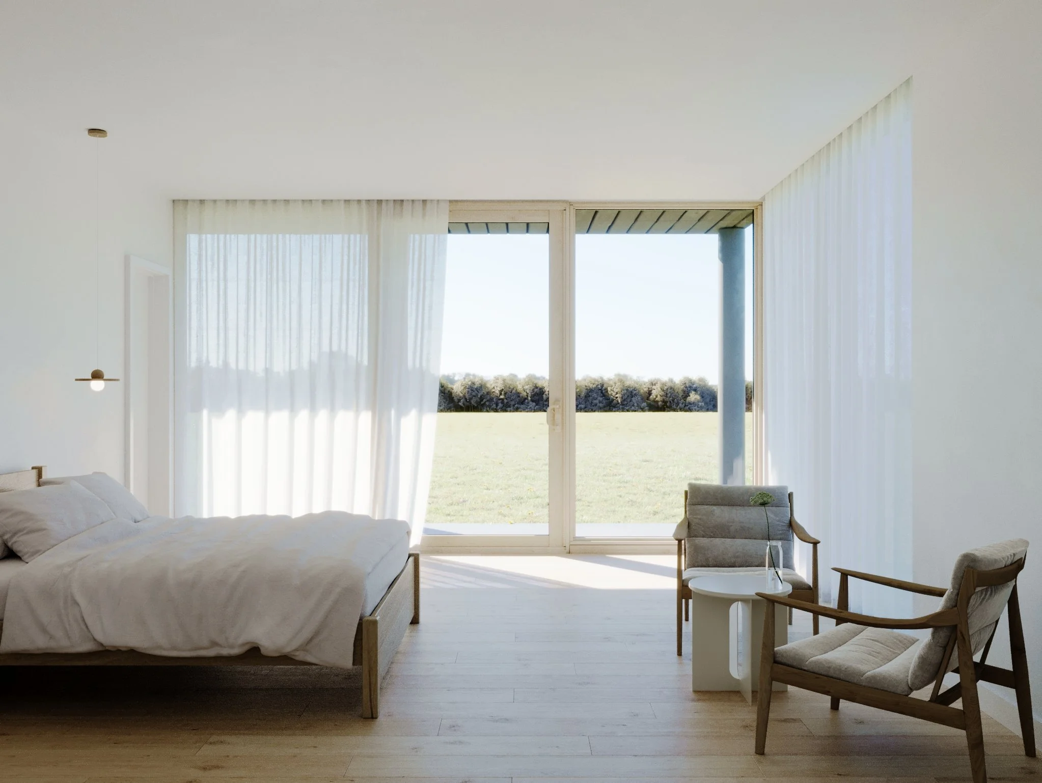 Minimalist bedroom with a large window and sheer white curtains, a bed, and two wooden armchairs with light cushions. There is a small white side table with a glass vase and flower, overlooking a green field and trees outside.