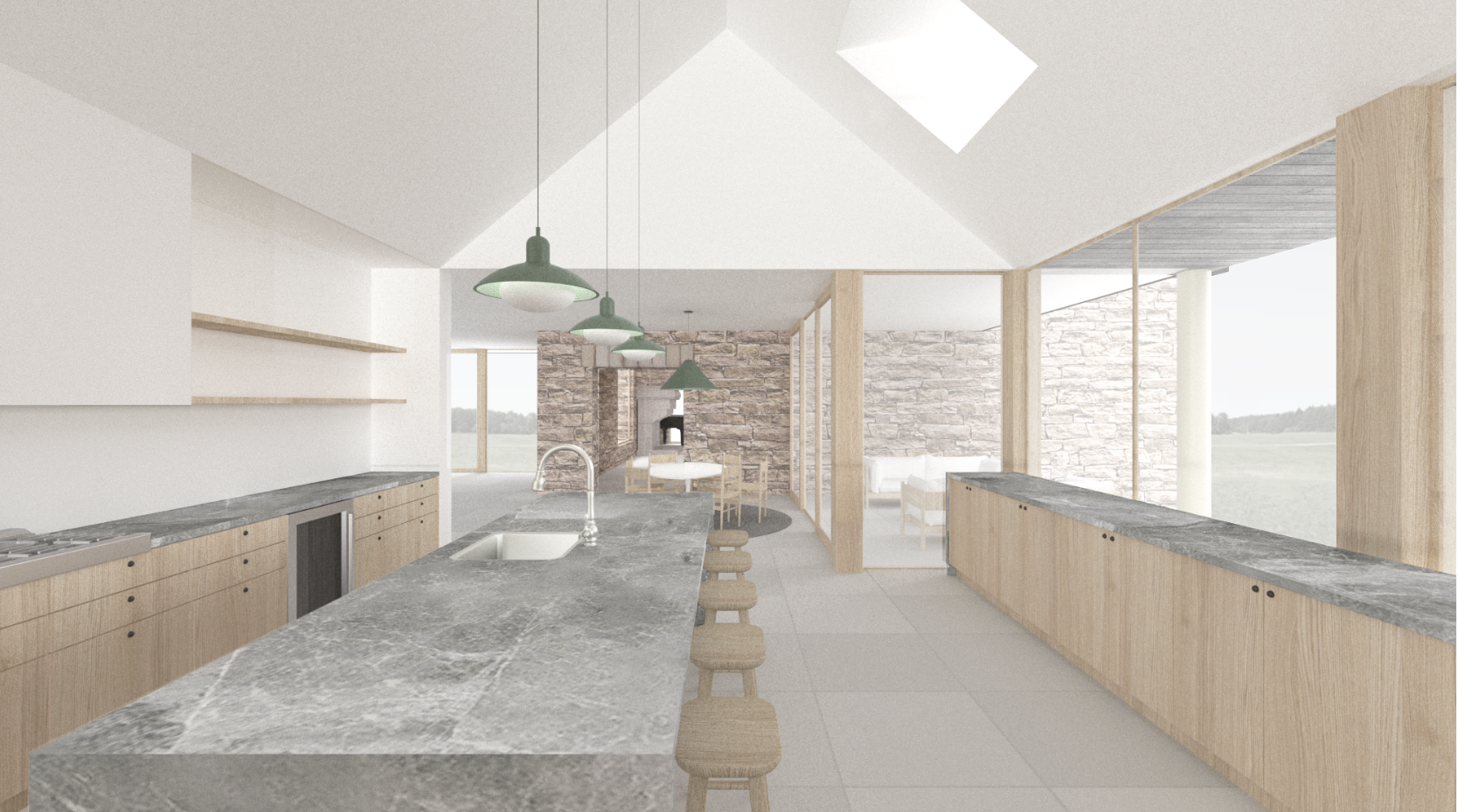 Modern kitchen with gray marble countertops, wooden cabinets, and pendant lighting, adjacent to a dining area with stone accent wall and a fireplace, large windows overlooking the outdoors.