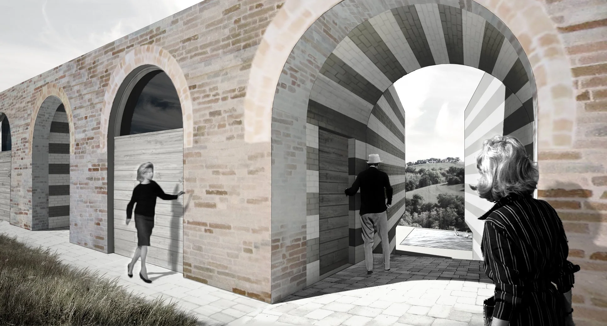 Architectural render of a brick building with arched doorways and a large opening revealing a scenic landscape with trees and hills.