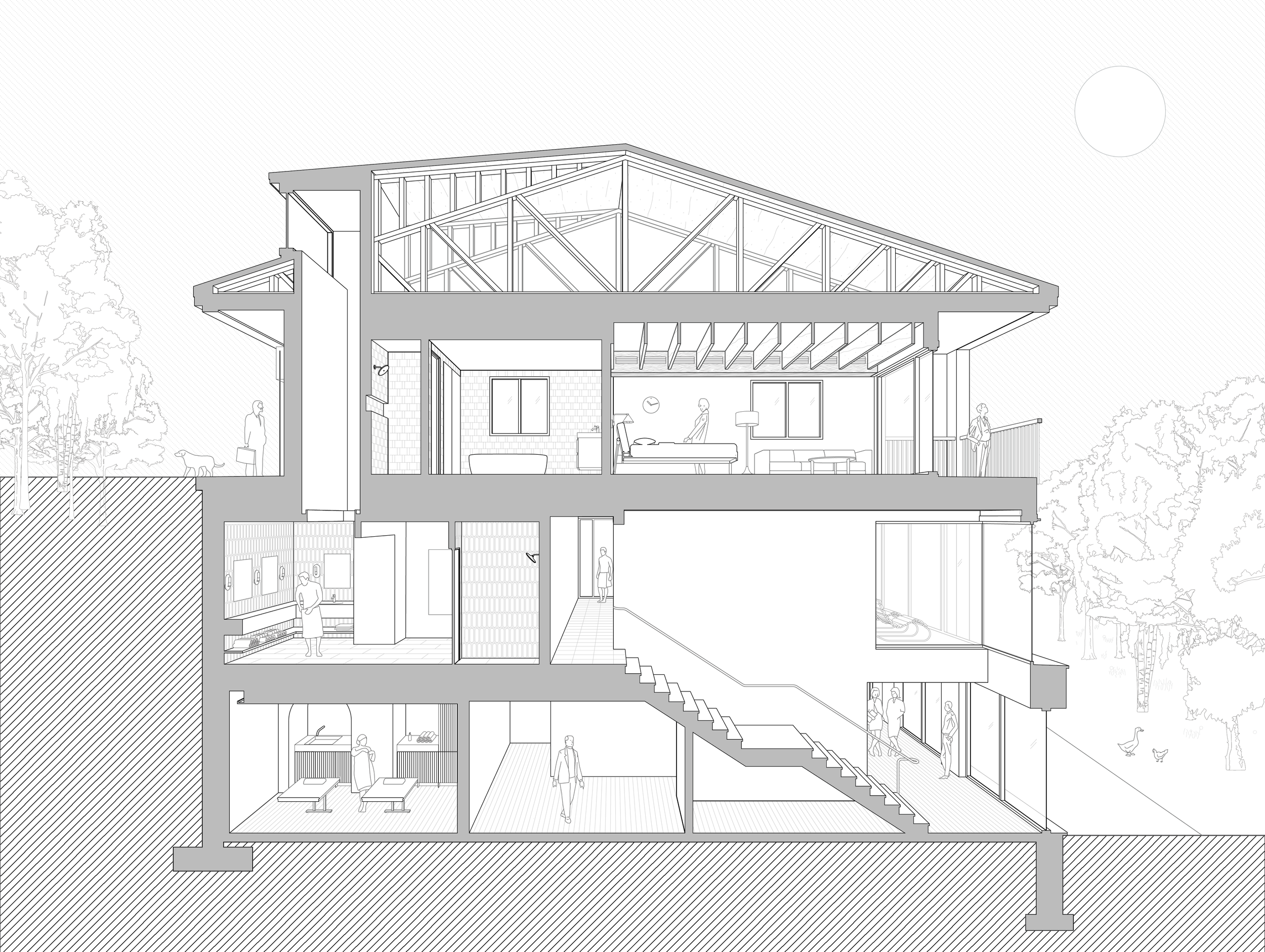 Cross-sectional architectural drawing of a multi-story house showing various rooms including bedrooms, kitchen, living areas, and outdoor spaces with trees and people.