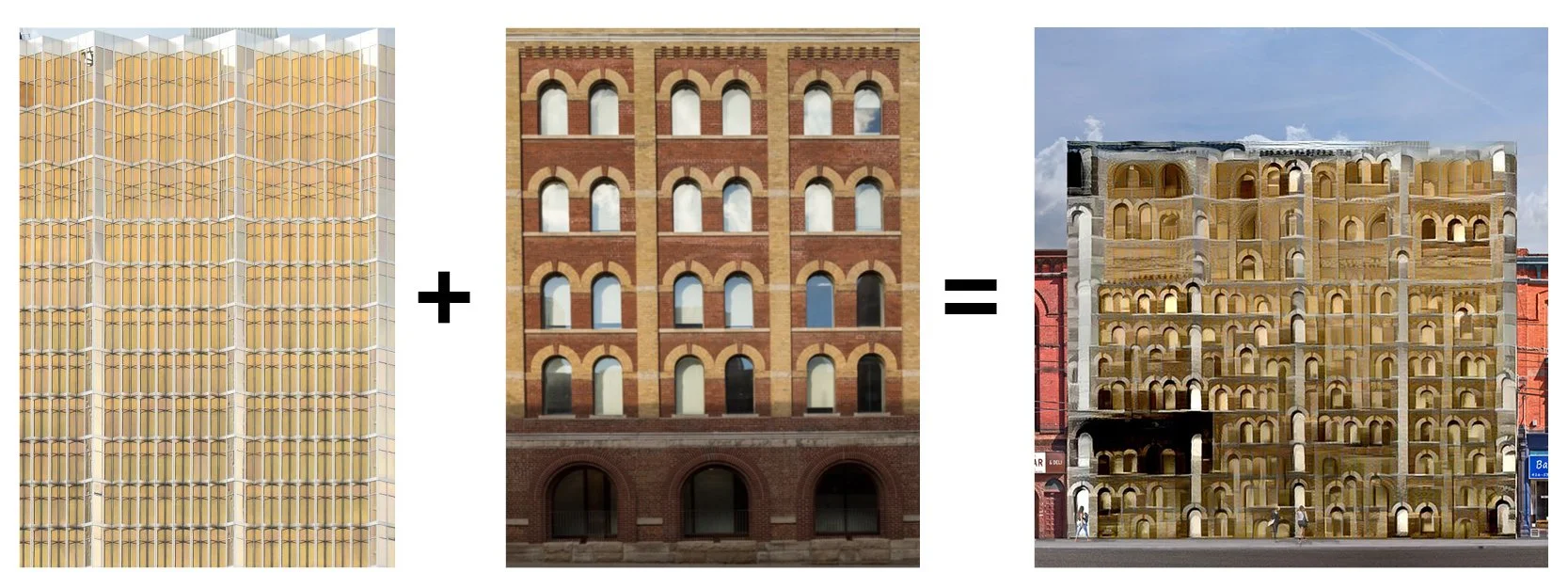 Composite image showing two buildings plus signs leading to a third building. The first building is a modern high-rise with a honeycomb-patterned glass and metal facade. The second building is a historic brick structure with multiple arched windows. Their combination forms a third building with a facade that has a layered, windowed appearance resembling stacked arches or window openings.