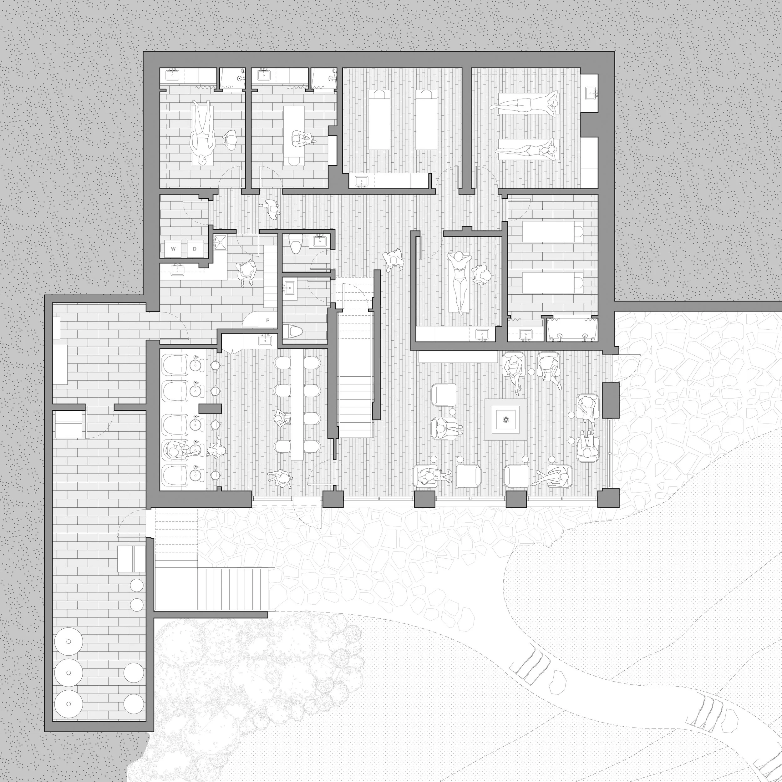 Floor plan of a building with multiple rooms including a kitchen, dining area, living rooms, bedrooms, bathrooms, and outdoor patio, with furniture and fixtures outlined.