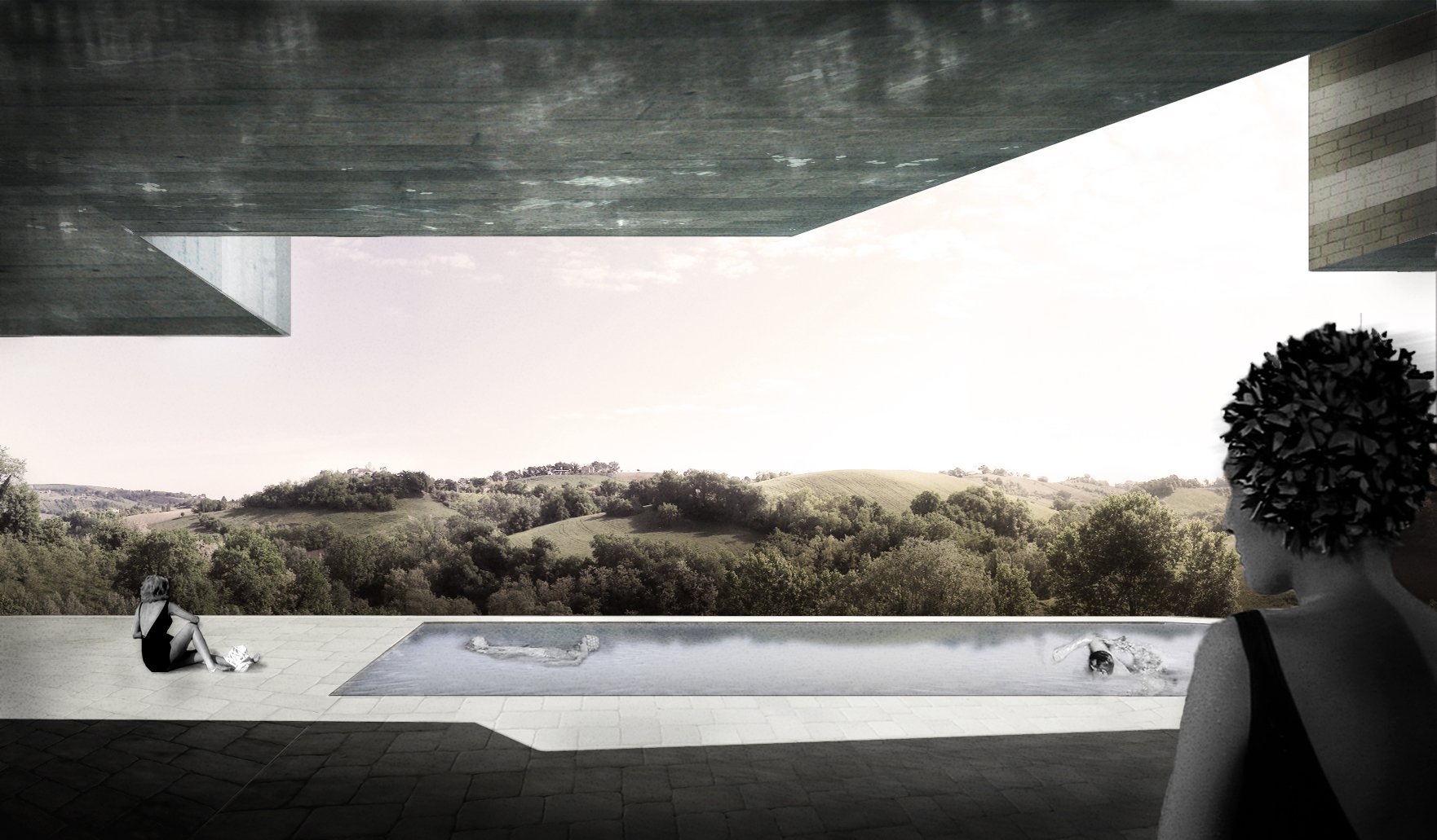 A modern outdoor space with a swimming pool overlooking a hilly landscape. A woman sits on the patio near the pool, and a child is swimming in the pool. Another woman with short, curly hair is on the right, looking toward the landscape.