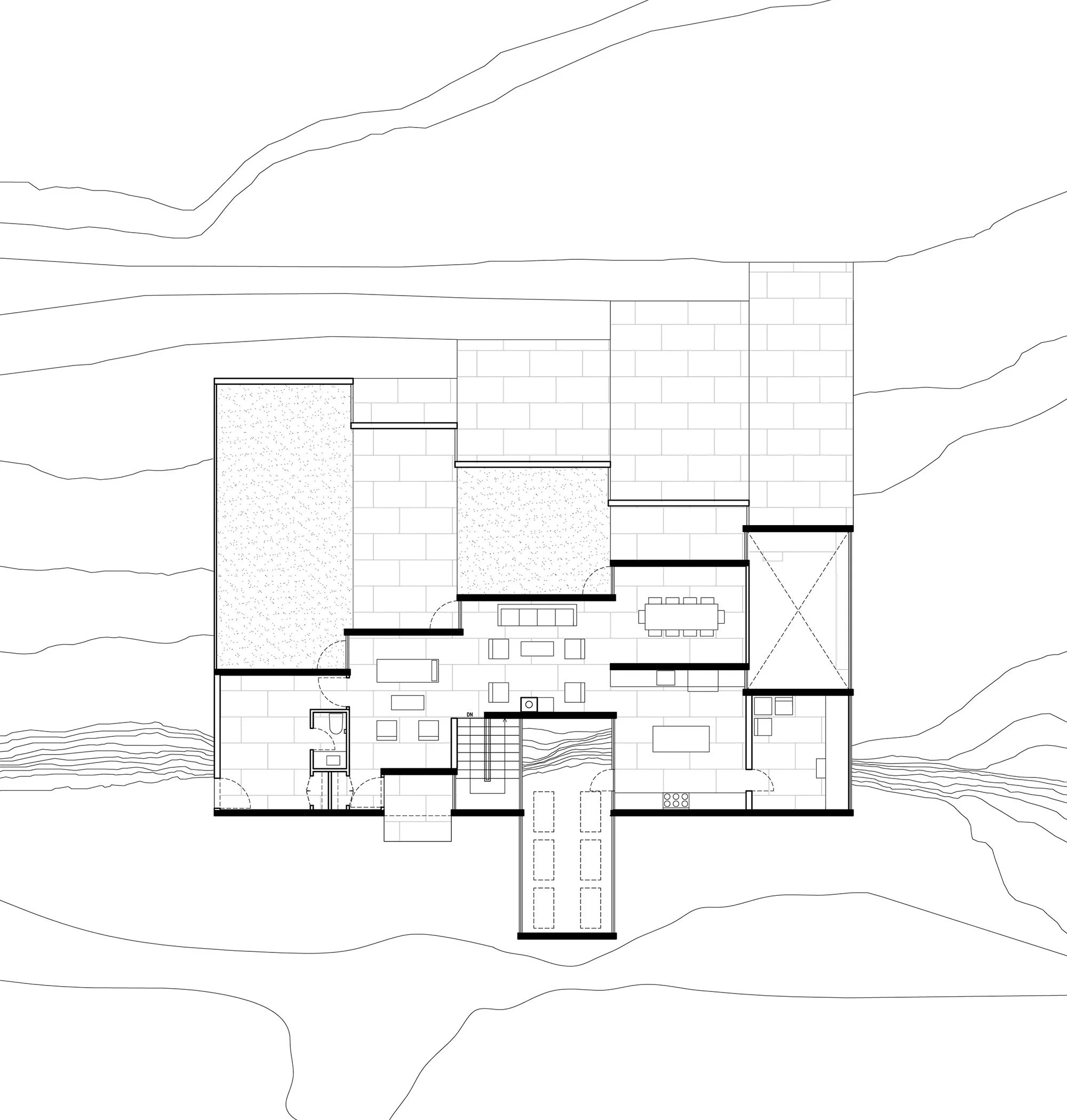 Architectural floor plan of a house with multiple rooms, staircases, and outdoor areas, set against a background of contour lines depicting terrain.