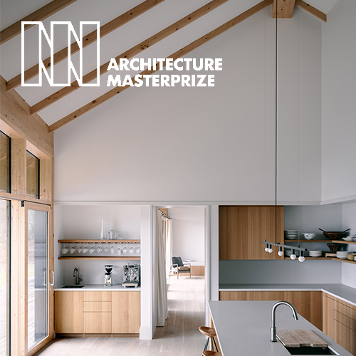 Modern kitchen with wooden cabinets, white walls, and an open doorway leading to a living space. The ceiling has exposed wooden beams, and there are shelves with glassware and kitchen utensils.
