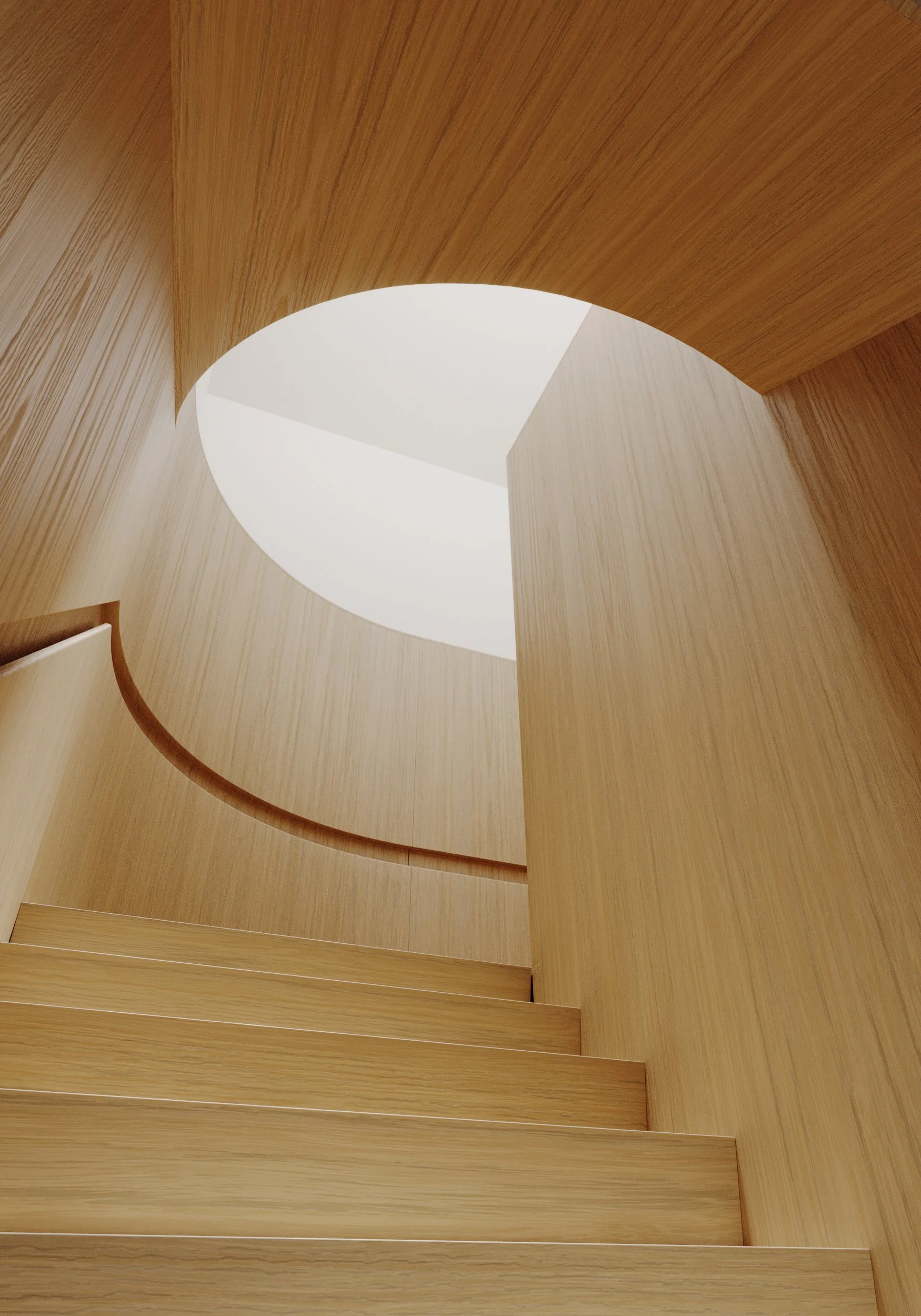 Interior view of a modern, wooden staircase with a circular opening at the top, looking up from the bottom of the stairs.