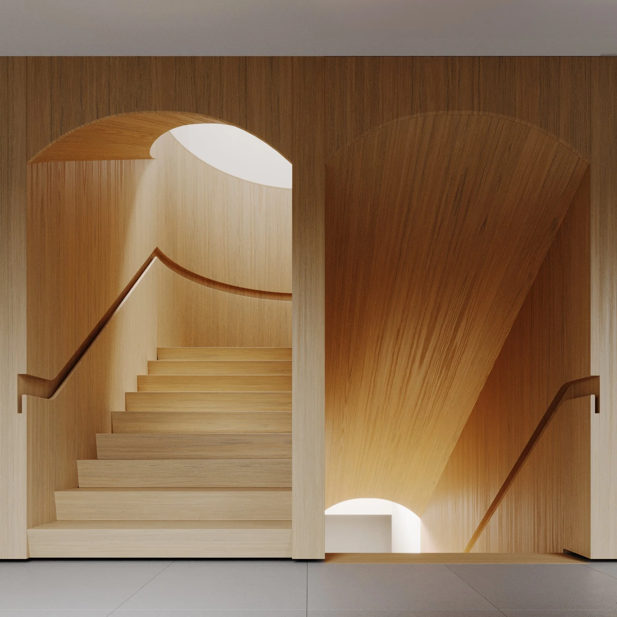 Modern wooden staircase with curved design and warm lighting.