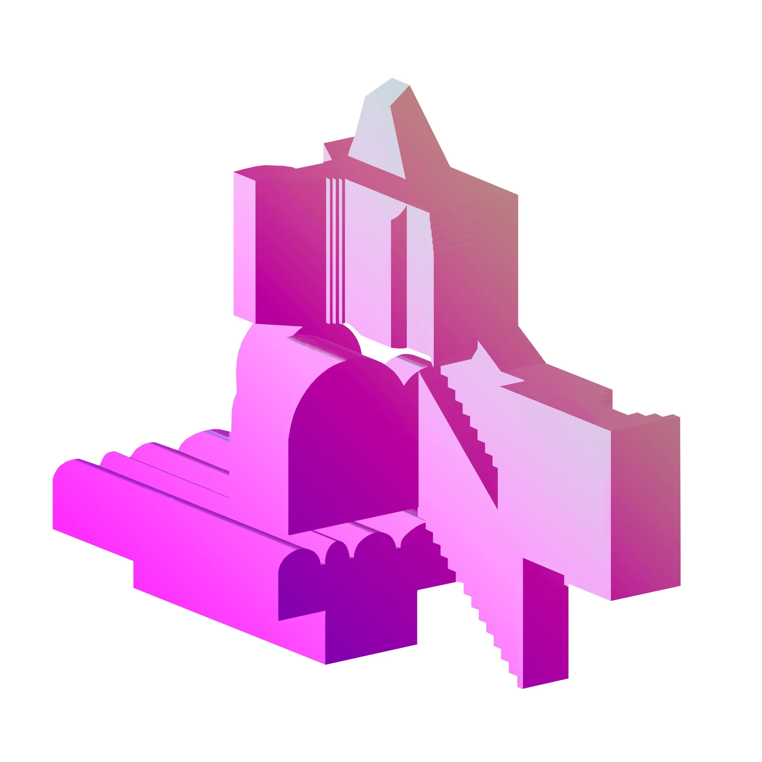 Abstract digital art with pink and purple geometric shapes resembling stairs, structures, and architectural elements.