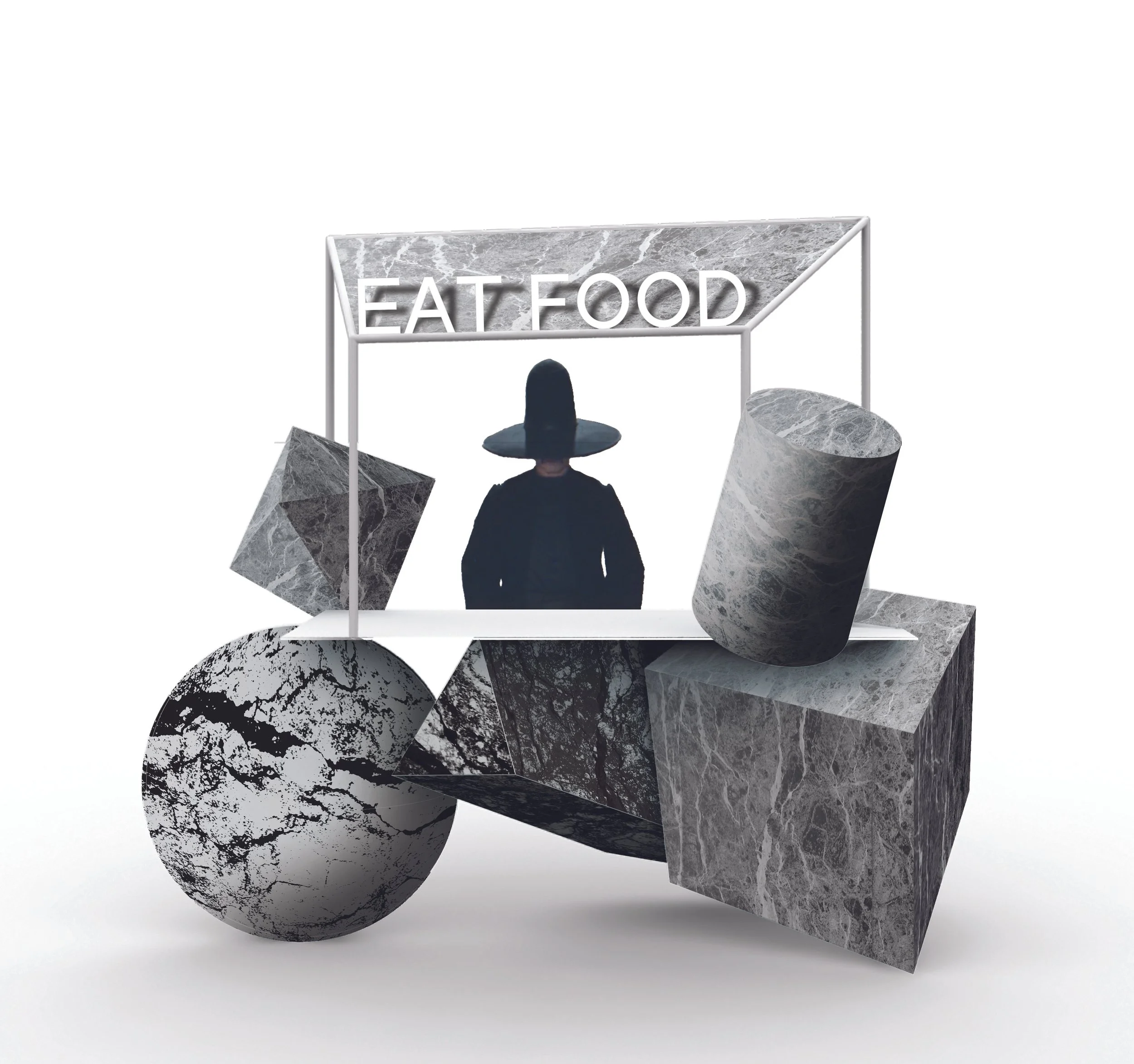 A person wearing a wide-brimmed hat standing in front of a minimalist structure with a sign that reads "EAT FOOD". The structure is decorated with various geometric shapes made of dark gray marble, including a sphere, cubes, and a cylinder, all arranged on a white surface.