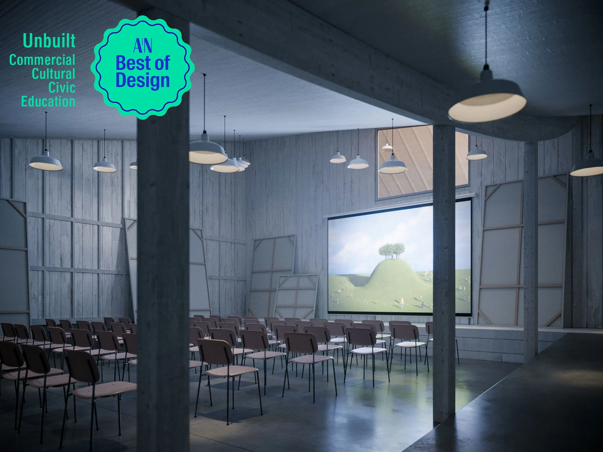 Empty auditorium with rows of chairs, a large screen showing a green hilly landscape with a tree, wooden walls, and hanging ceiling lights.