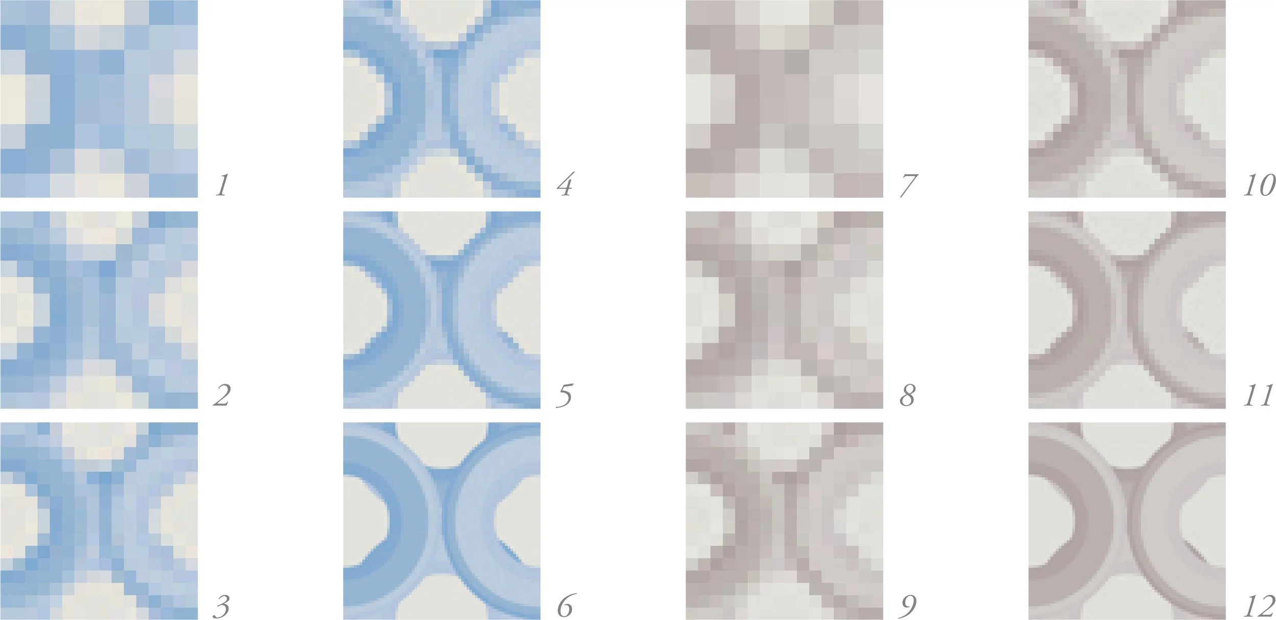 A grid of 12 pixelated and magnified pattern images arranged in four columns and three rows, with each image numbered from 1 to 12, showcasing various geometric and abstract designs.