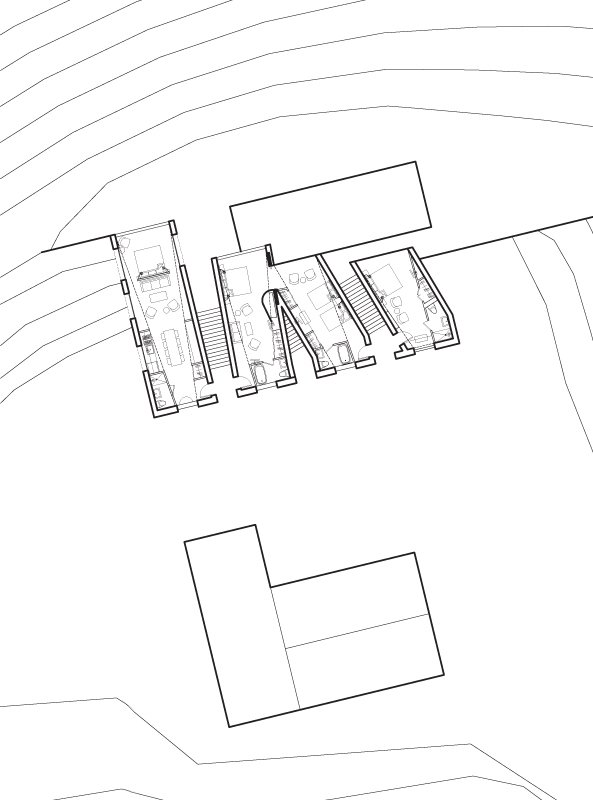 Architectural blueprint of a multi-unit residential building with three visible units, staircases, and surrounding landscape contours.