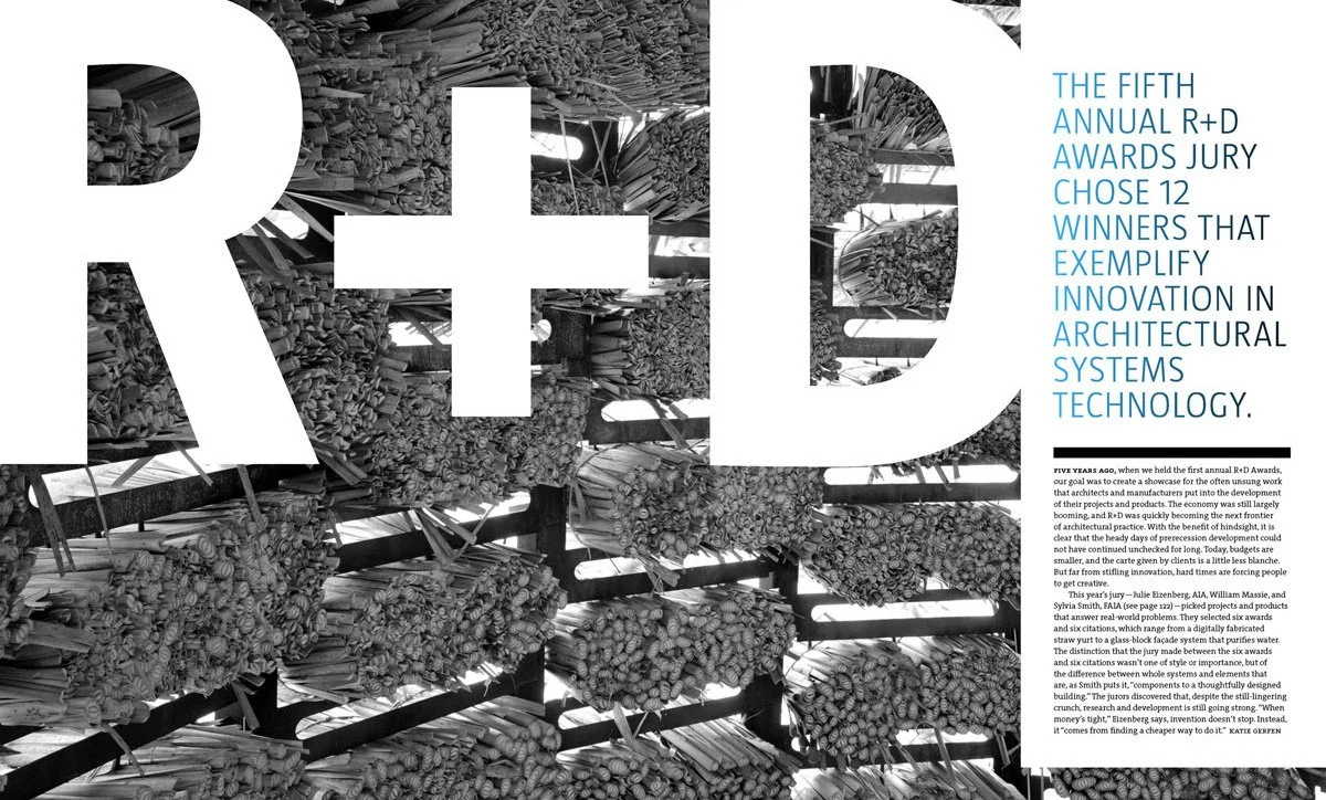 Black and white photo of stacked logs with overlaid large white text reading "R+D" and a paragraph of text describing the fifth annual R+D awards winners in architecture technology.