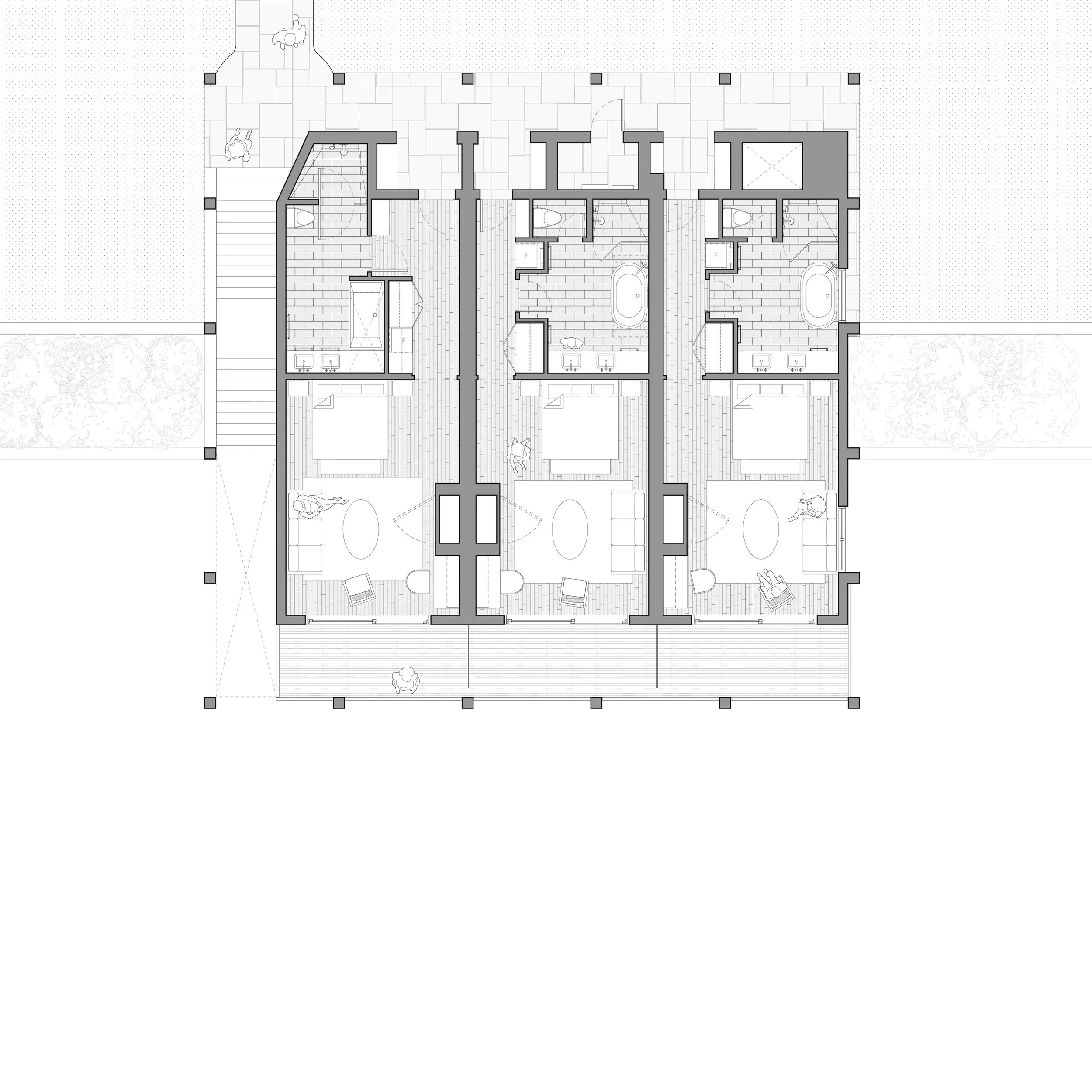 Floor plan of a multi-unit residential building featuring three units, each with a living room, bedroom, kitchen, and bathroom, with outdoor patios and landscaping.