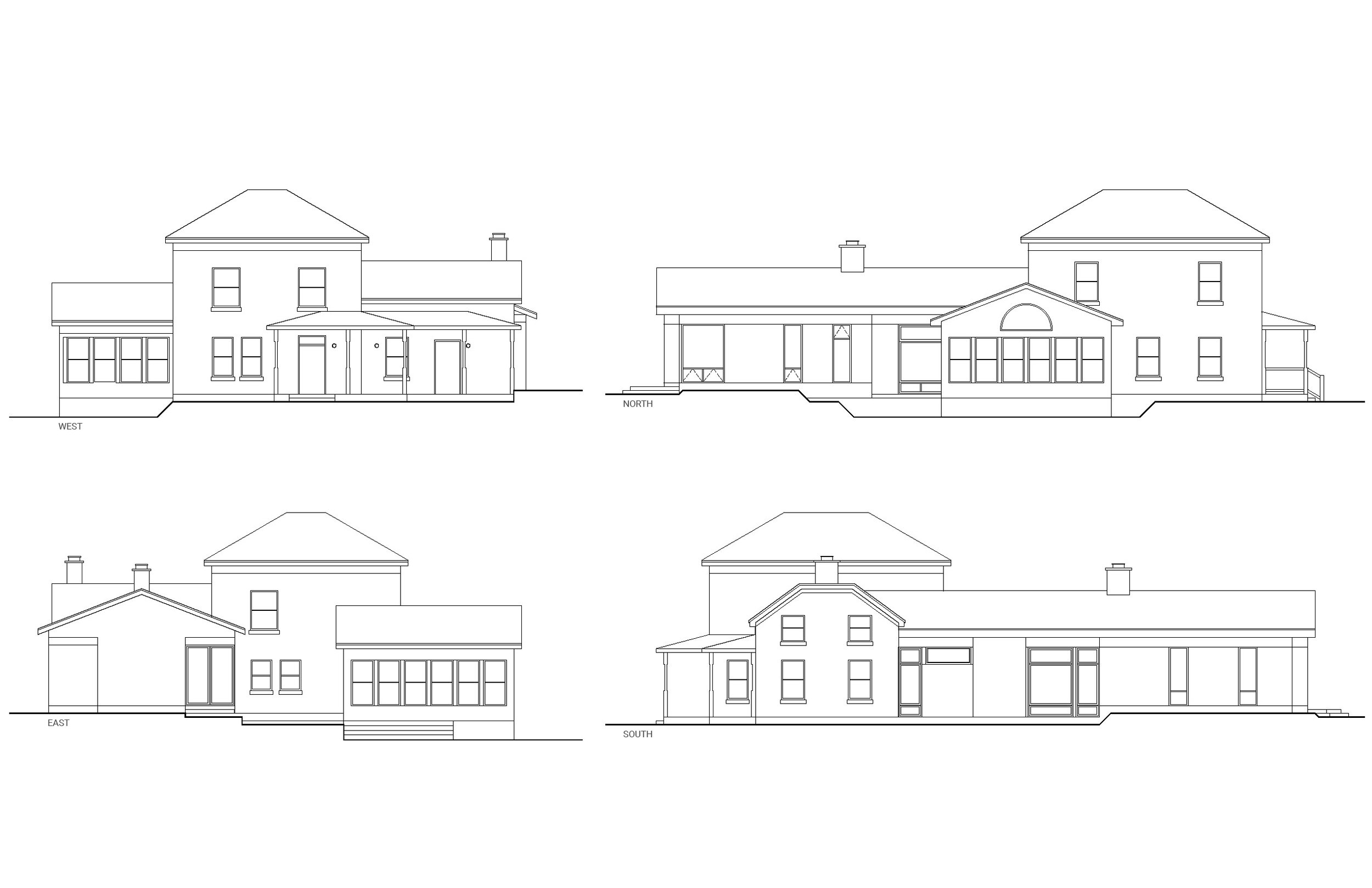 Architectural blueprint showing four elevations of a residential house: west, north, east, and south views, with detailed window and door placements.