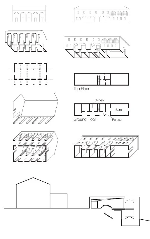 Architectural plans and elevations of a multi-story barn converted into a residential space, including ground and top floor layouts, side views, and cross-sections showing interior structure and roof design.