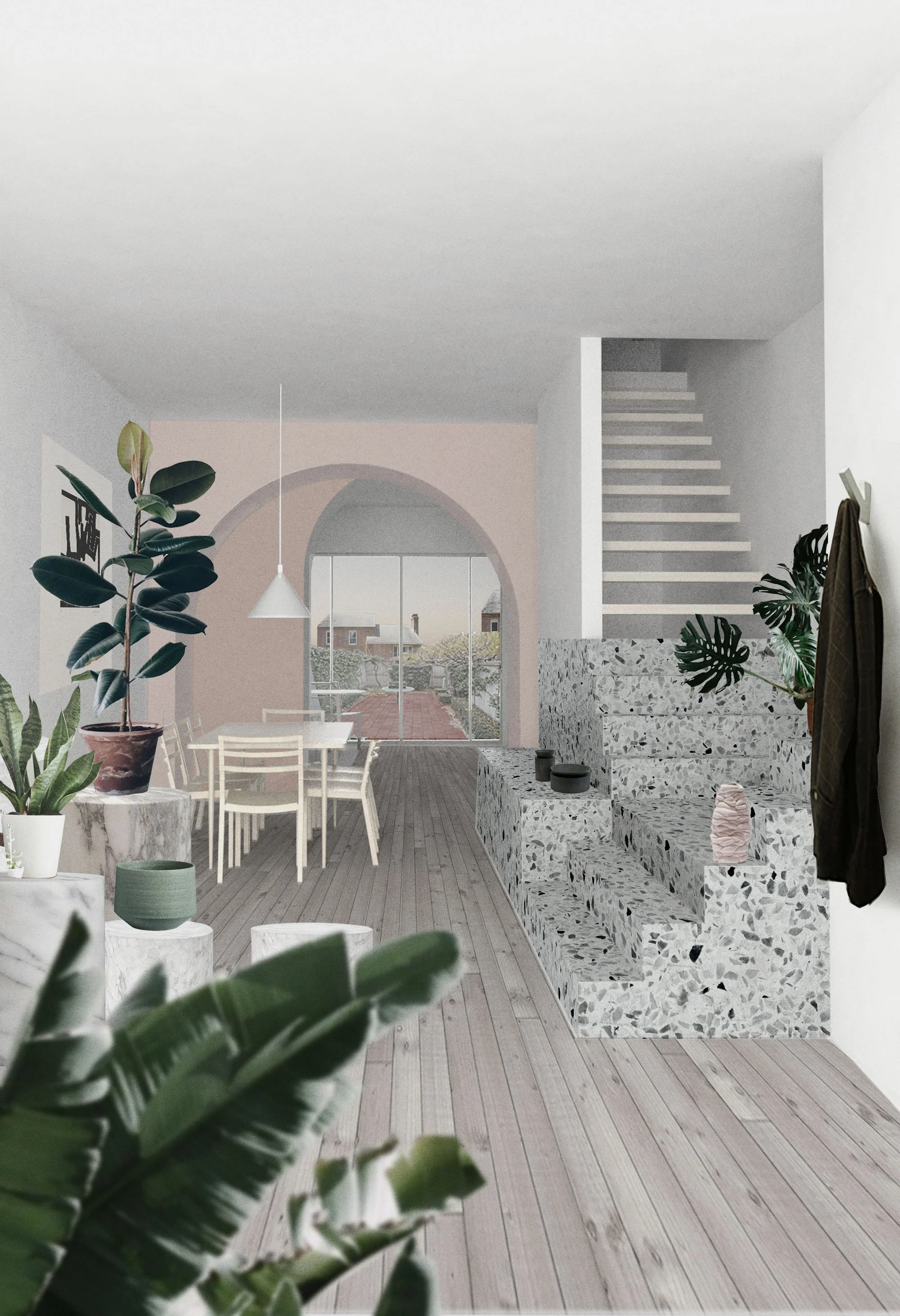 Interior view of a modern living and dining area with terrazzo stairs, potted plants, a dining table with chairs, wooden flooring, and large windows looking out onto a neighborhood.