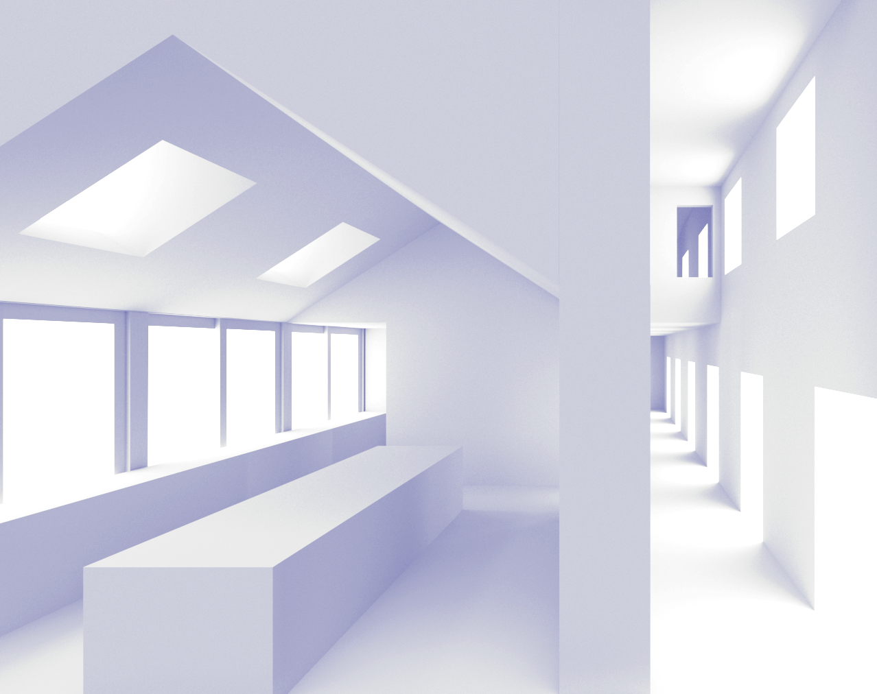 Bright, minimalistic interior space with large windows, skylights, and a hallway with multiple arched openings.