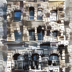 Close-up of a detailed, historic stone building facade with arched windows and intricate architectural designs.