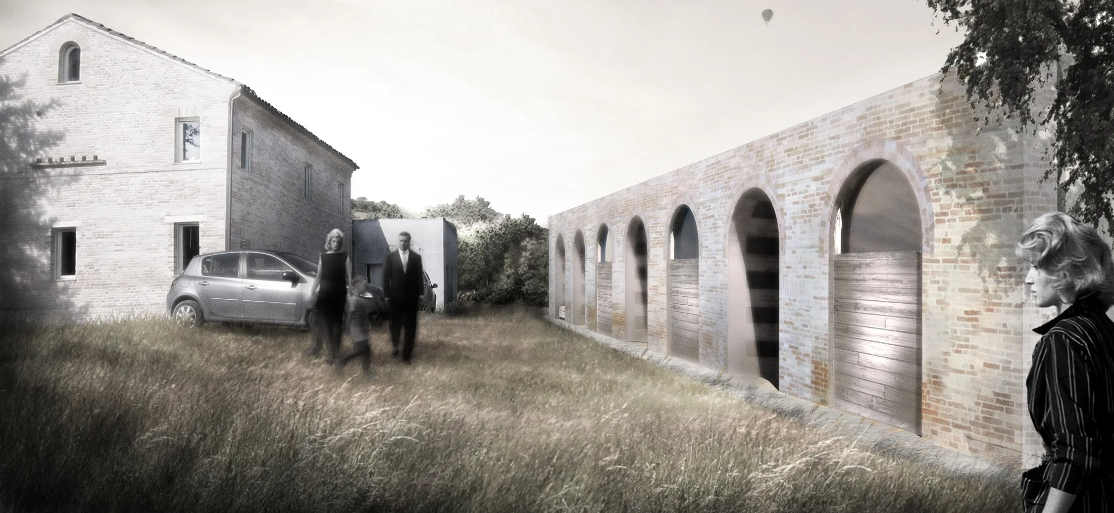 Architectural rendering of a modern building with brick and concrete walls, arches, and a small group of people walking on grass near a parked car, with black-and-white filter and sunlight rays.