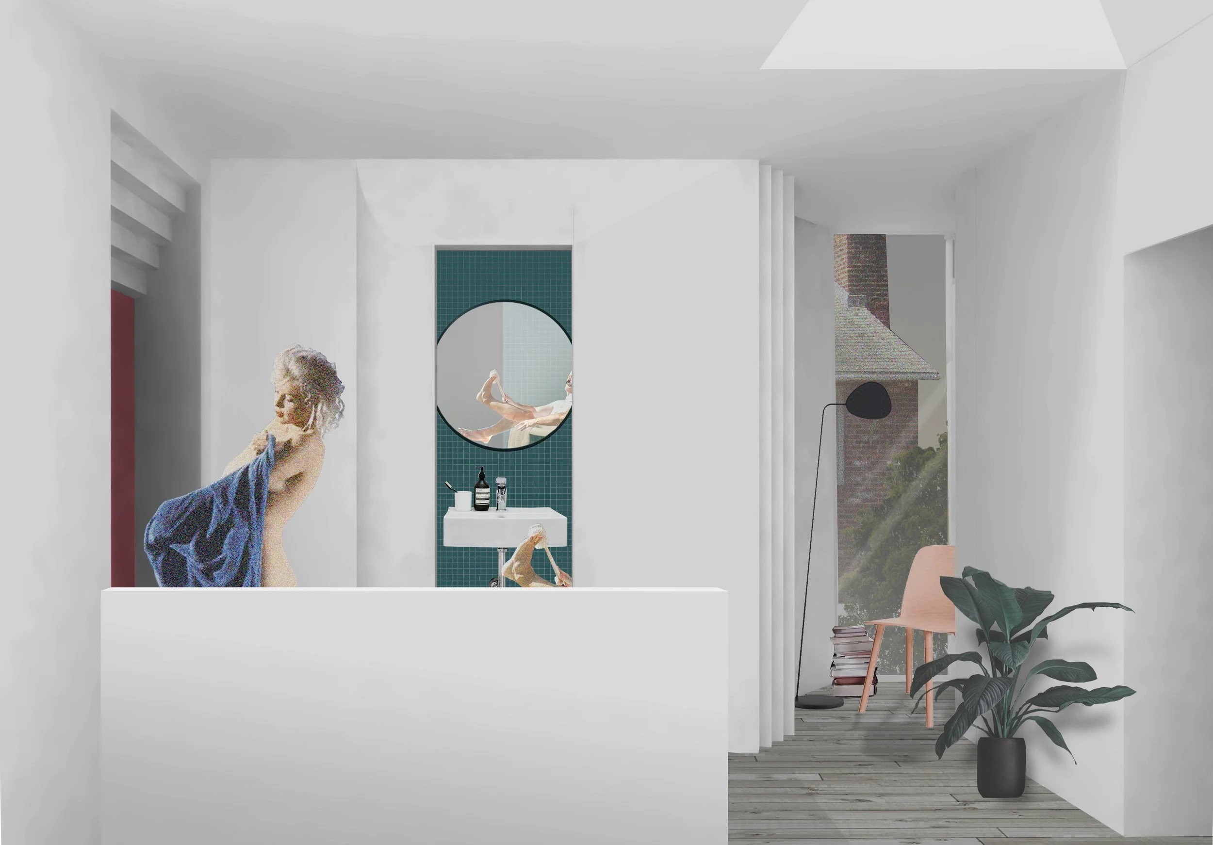 Modern bathroom with person wrapped in blue towel on the left, a round mirror reflecting legs, a small sink with toiletries, a black floor lamp, a wooden chair with books, and a large potted plant near a window with a suburban view.