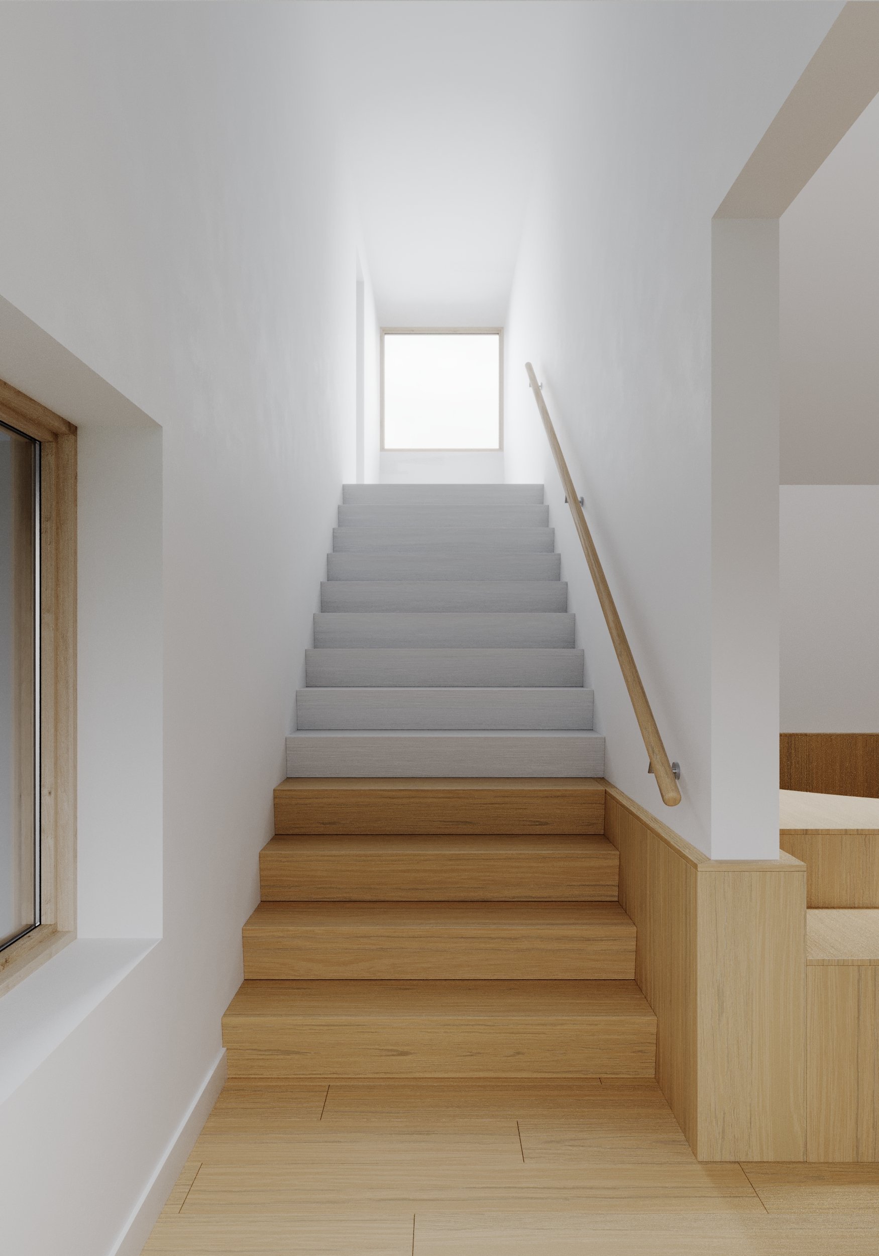 Interior view of a modern, minimalist staircase with light wood steps and white walls, leading up to a window at the top.