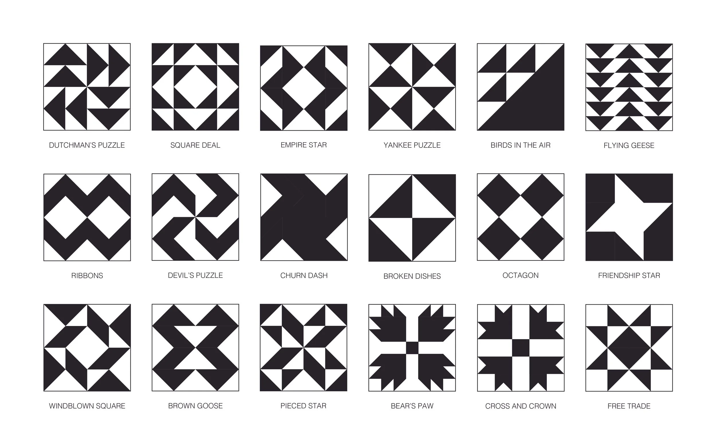A grid of 15 black and white geometric puzzle patterns with labels, including Dutchman's Puzzle, Square Deal, Empire Star, Yankee Puzzle, Birds in the Air, Flying Geese, Ribbons, Devil's Puzzle, Churn Dash, Broken Dishes, Octagon, Friendship Star, Windblown Square, Brown Goose, Piced Star, Bear's Paw, Cross and Crown, and Free Trade.