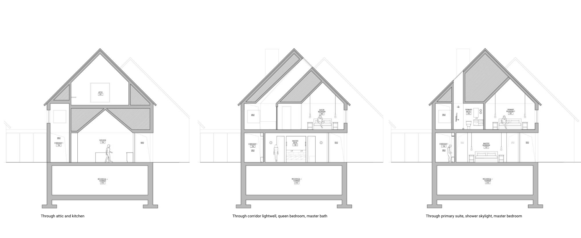 Three architectural cross-section diagrams of a house showing attic, bedroom, bathroom, and basement layouts.