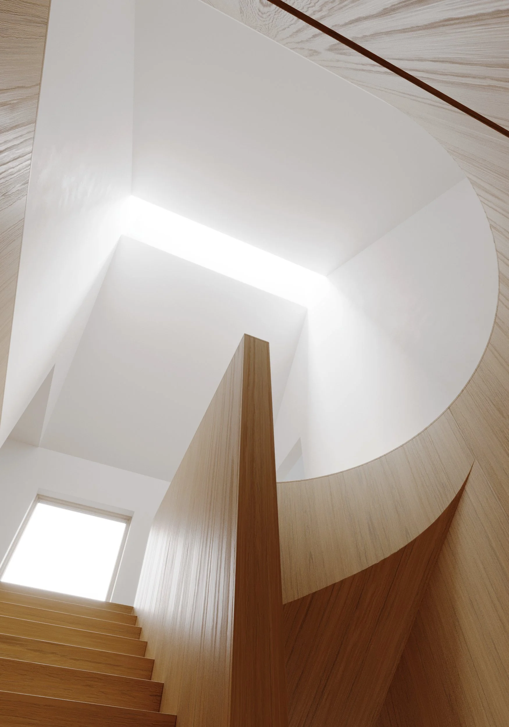 Interior view of a modern staircase with wooden steps and a curved wooden railing, seen from the bottom looking up towards a white ceiling with natural light coming through a window.