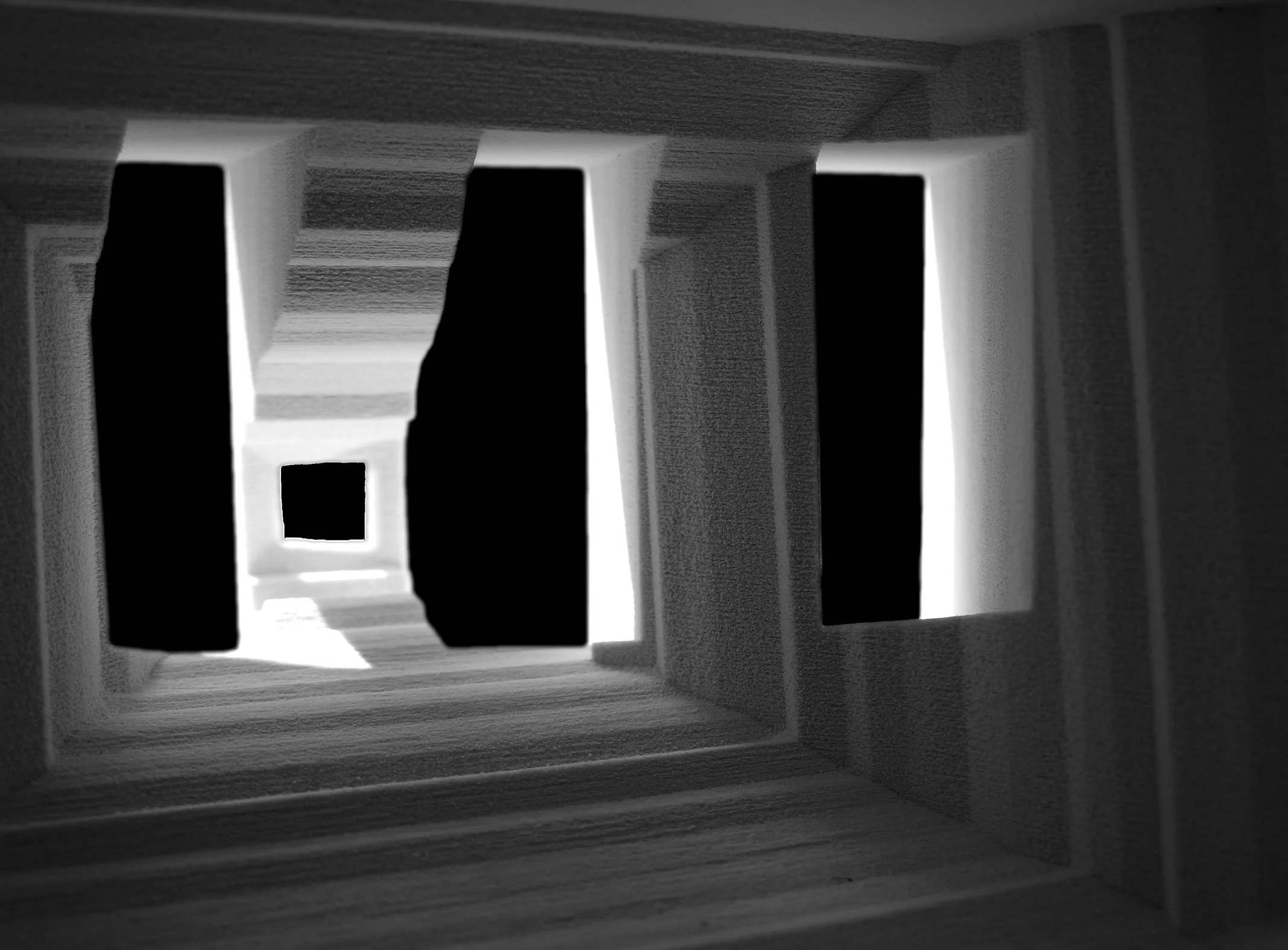 View through a series of rectangular openings, creating a tunnel-like perspective with varying sizes of dark and light spaces.