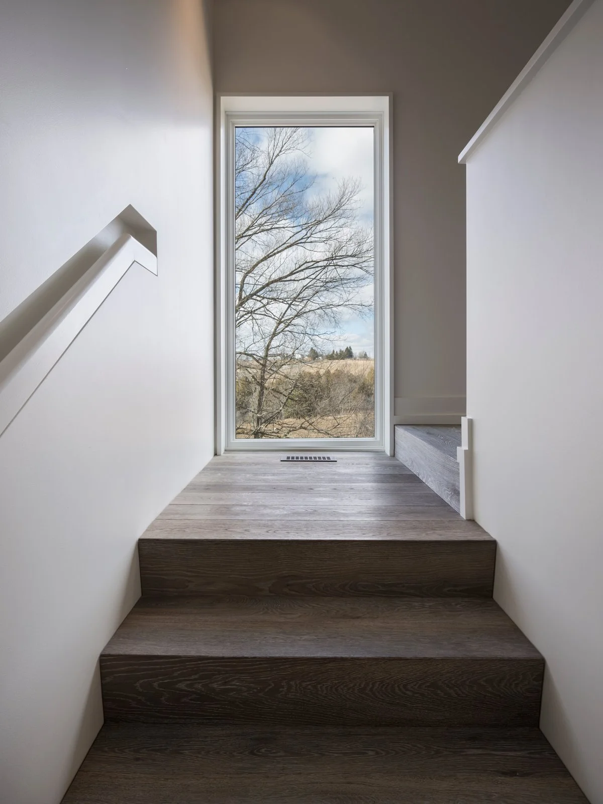 Interior view of a staircase with dark wood steps, white walls, a large window showing a tree and cloudy sky outside, and a white railing on the left side.