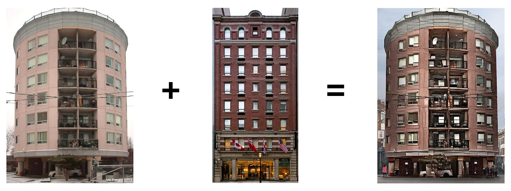 Composite image showing a pink apartment building and a red brick hotel building combined to create a new brick apartment building.