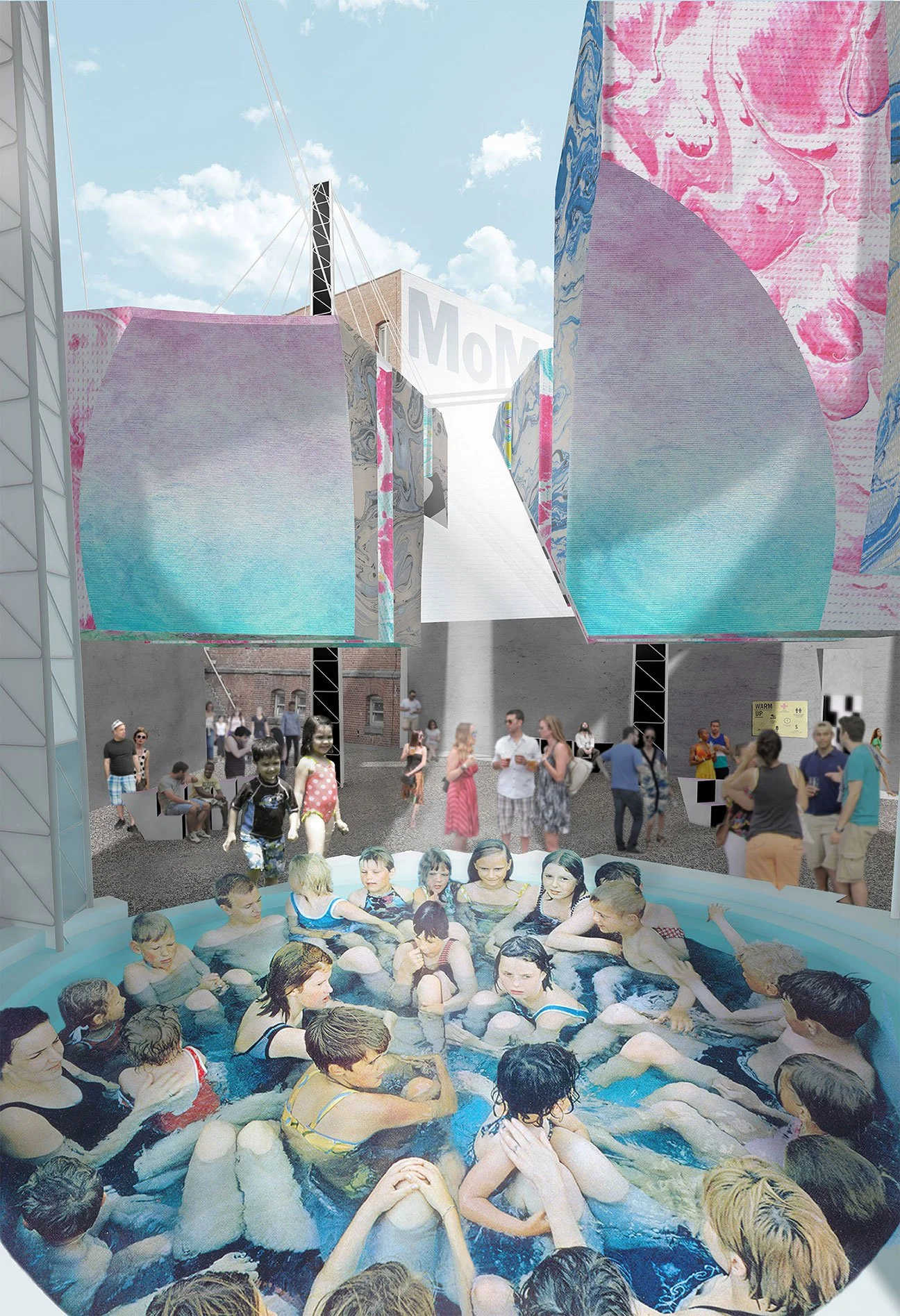 A crowded outdoor pool area filled with children and adults, with some people sitting and standing around the pool. Large colorful rectangular structures hang overhead, and a banner with the word 'MOM' is visible in the background.