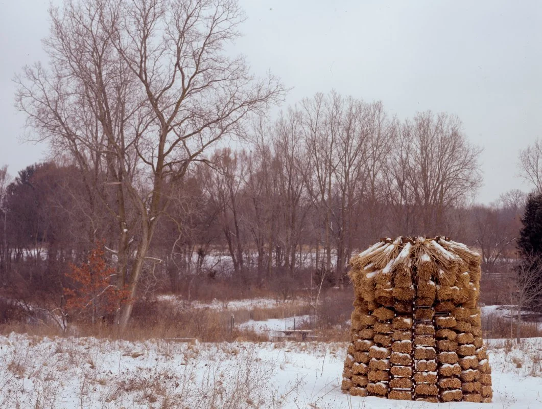A snowy landscape with leafless trees and a stack of hay bales covered with snow.