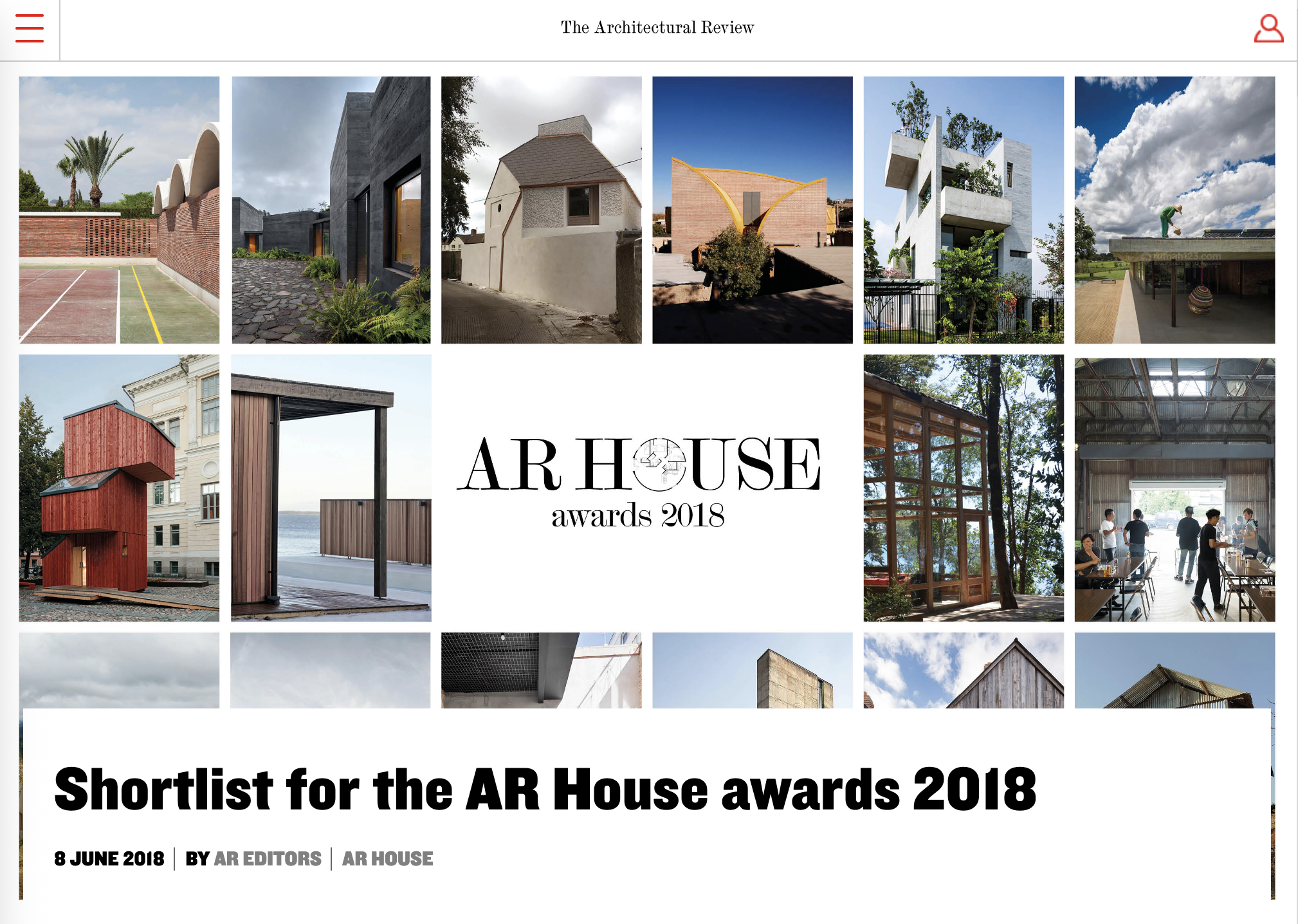 Collage of various modern architectural buildings with the text 'AR HOUSE awards 2018' and 'Shortlist for the AR House awards 2018' in the center overlay.