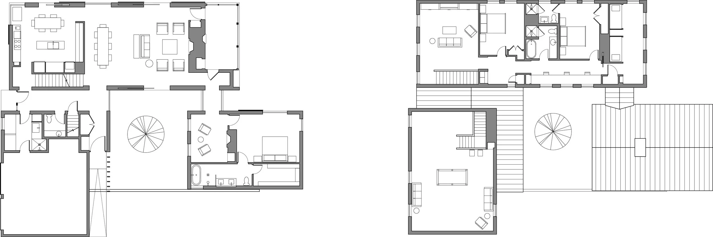 Floor plan of a house showing various rooms including a kitchen, dining area, living room, bedrooms, bathrooms, and staircases.