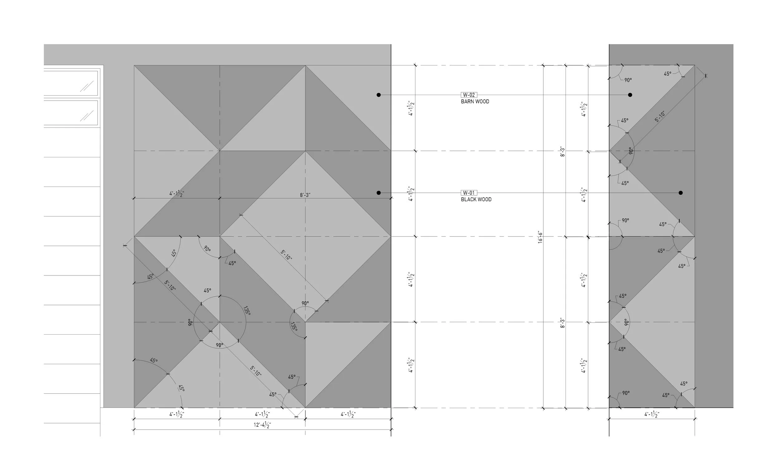Architectural blueprint of a building's roof plan showing different roof sections with measurements and angles, including labels for wood types and dimensions.