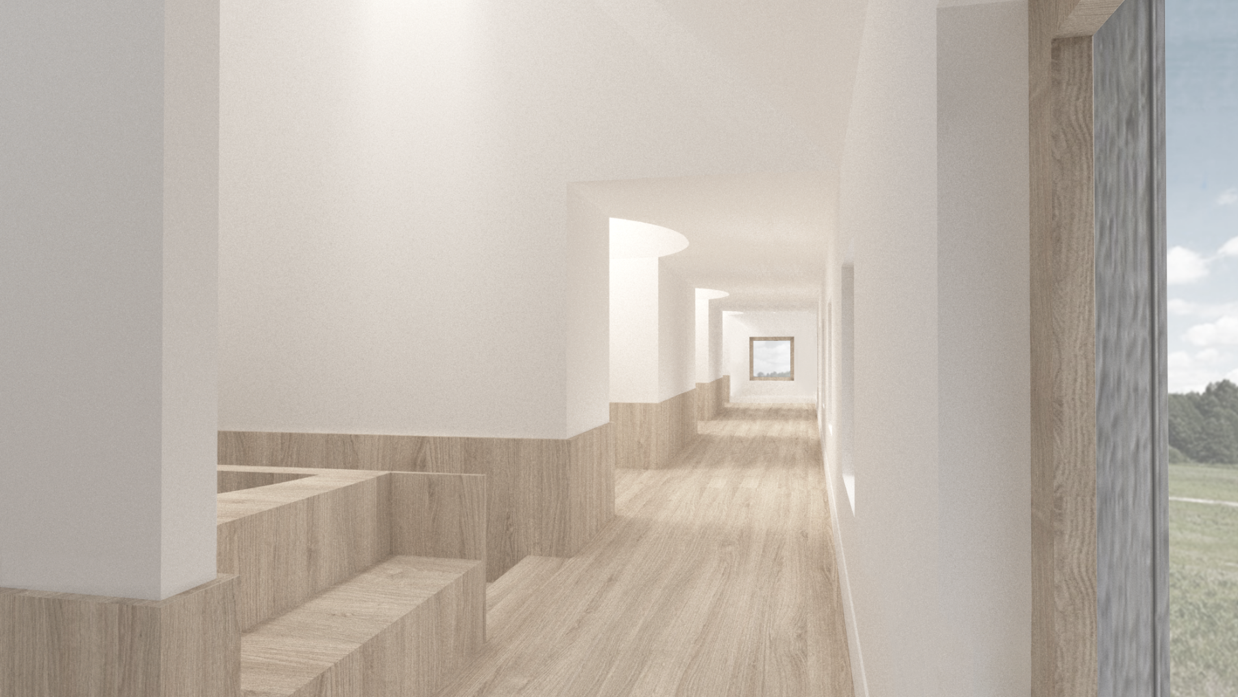 A bright, modern hallway with white walls, wooden flooring, and large windows letting in natural light, leading to a view of a green landscape outside.