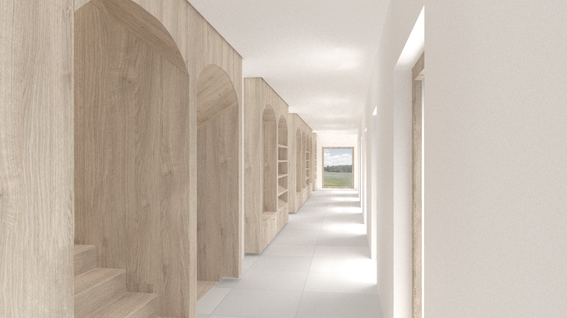 A modern, minimalistic corridor with built-in wooden bookshelves along one side, light-colored tiled floor, white walls, and a large window at the end showing a view of greenery and sky.