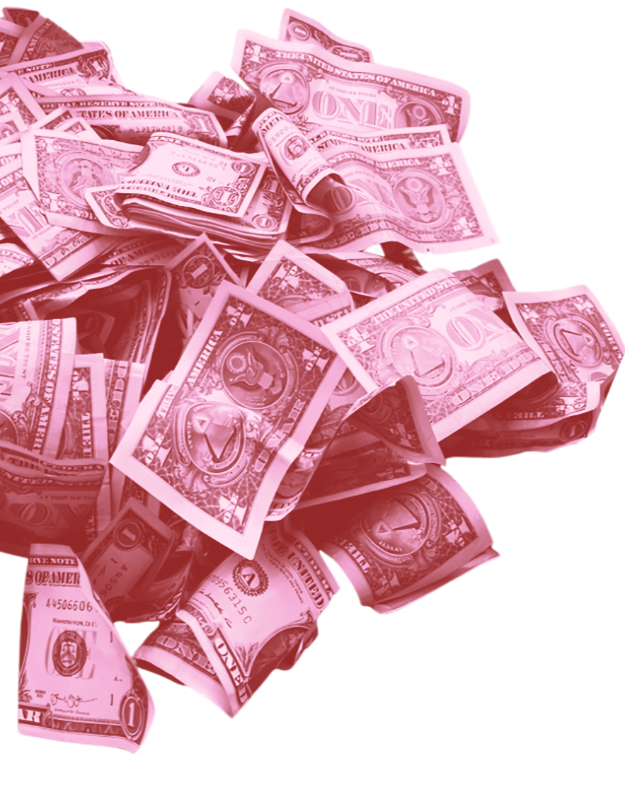 Pile of crumpled and folded one-dollar bills with a pink filter