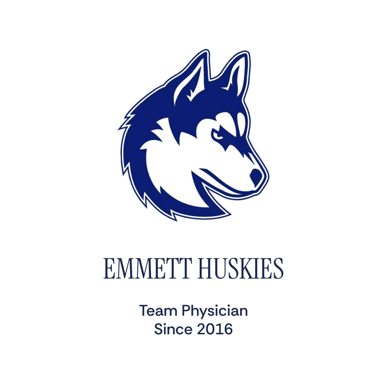 Logo of the Emmett Huskies, a team physician since 2016, featuring a stylized husky dog head in navy blue and white with the team name and designation below.
