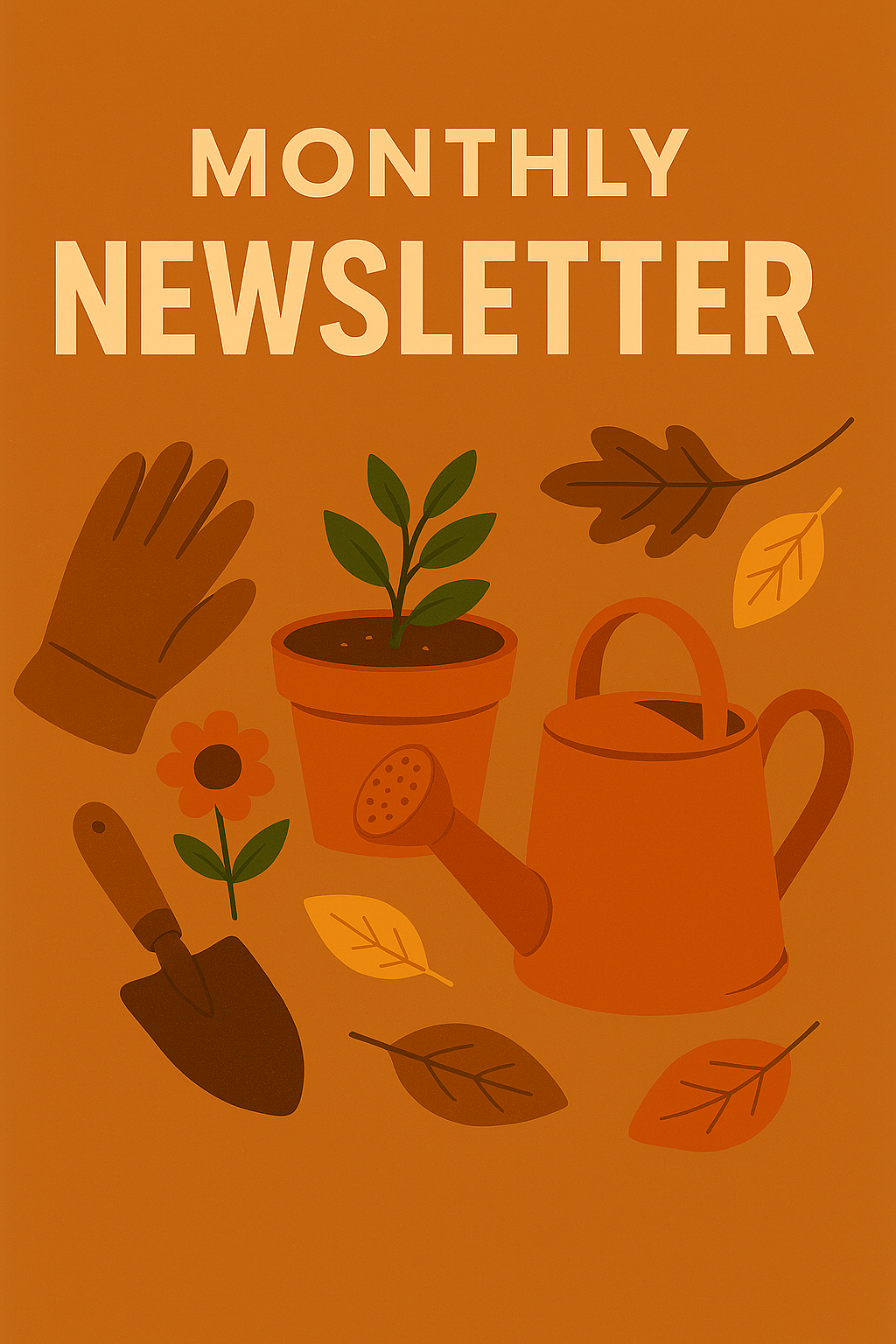 A graphic design for a monthly newsletter featuring gardening tools, a watering can, a potted plant, and fall leaves set against an orange background.