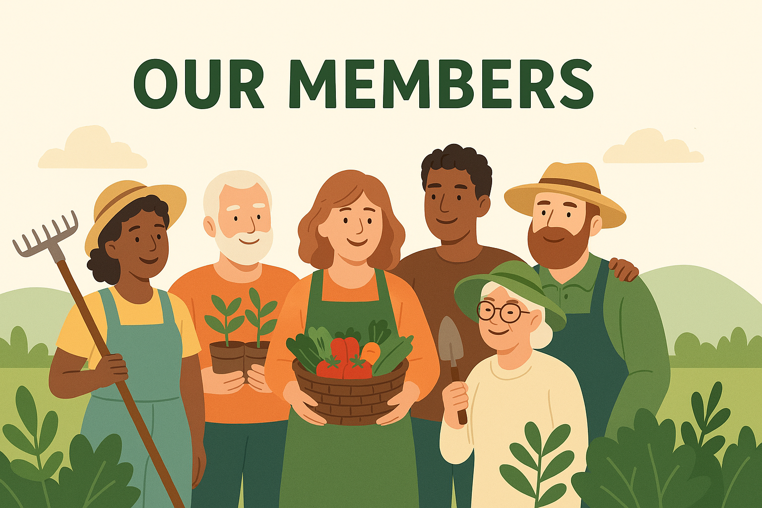 Illustration of diverse group of people working on a farm, holding plants, vegetables, and gardening tools, standing outdoors with green landscape and sky in the background, under the text 'Our Members'.