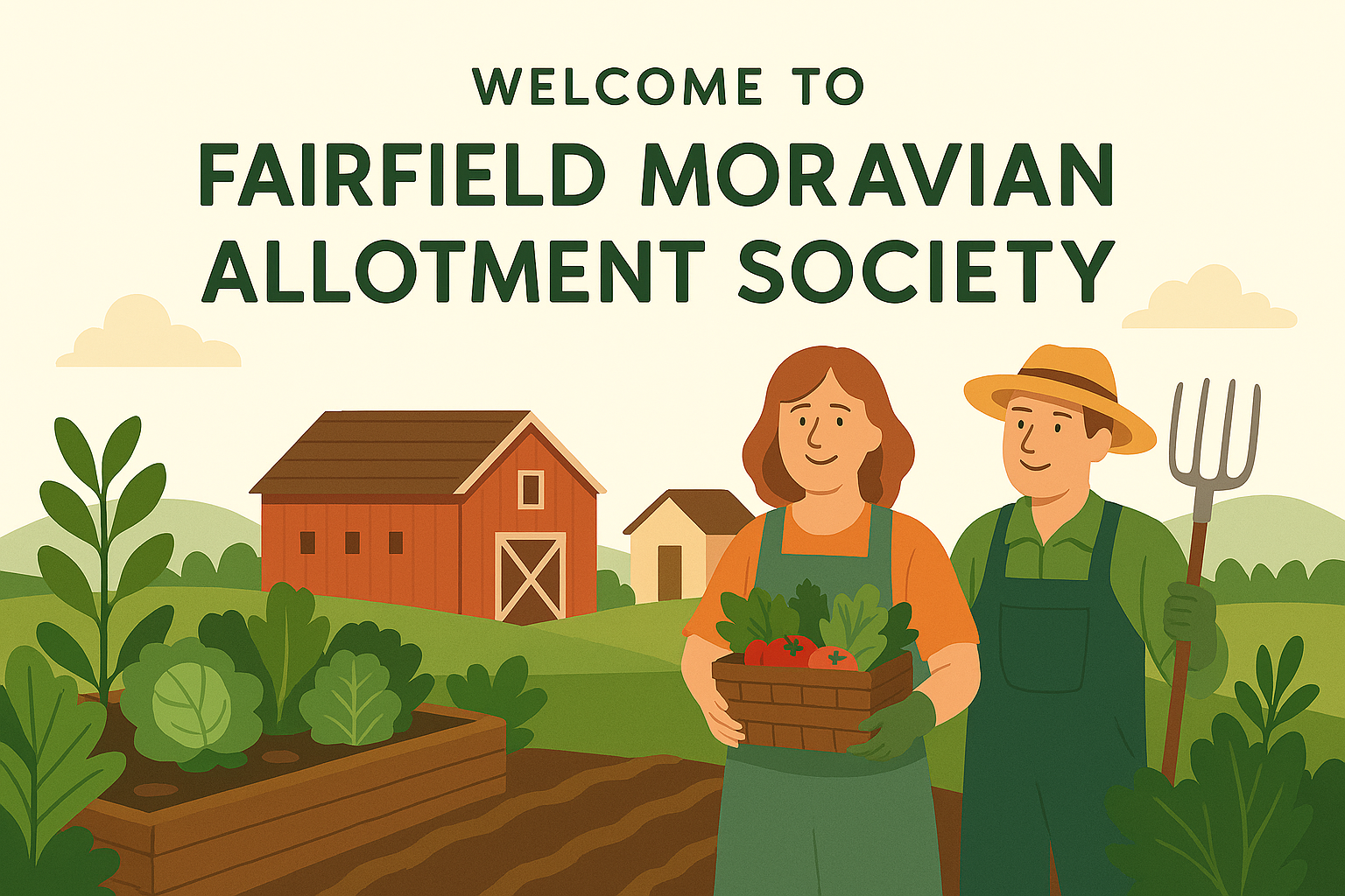 Illustration of a man and woman on a farm, holding a basket of vegetables, with a barn and garden in the background, promoting Fairfield Moravian Allotment Society.