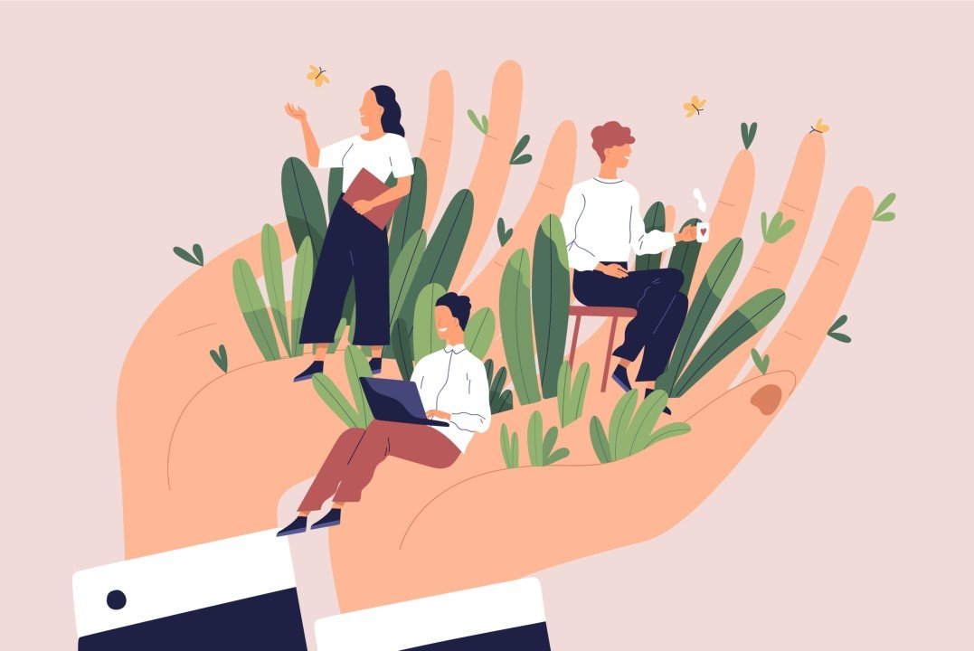 Illustration of a hand with small people engaging in activities like working on laptops, holding a coffee cup, and enjoying nature, with plants and butterflies around.